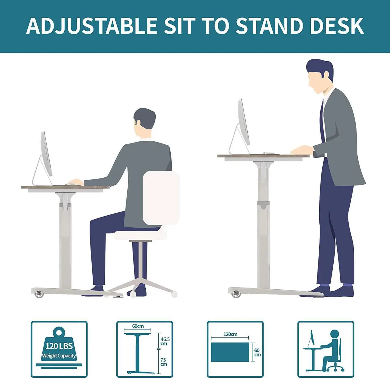 Alt view image 7 of 7 - Manual Standing Desk Adjustable Height- Crank Mobile Standing Desk 48 x 24 Inches Sit Stand Desk Frame & Top, Stand Up Desk on Wheels, Computer Desk Black Frame & Rustic Brown