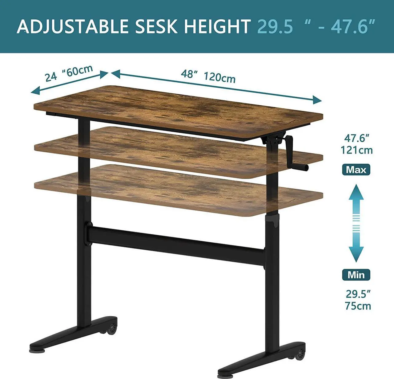 Alt view image 3 of 7 - Manual Standing Desk Adjustable Height- Crank Mobile Standing Desk 48 x 24 Inches Sit Stand Desk Frame & Top, Stand Up Desk on Wheels, Computer Desk Black Frame & Rustic Brown