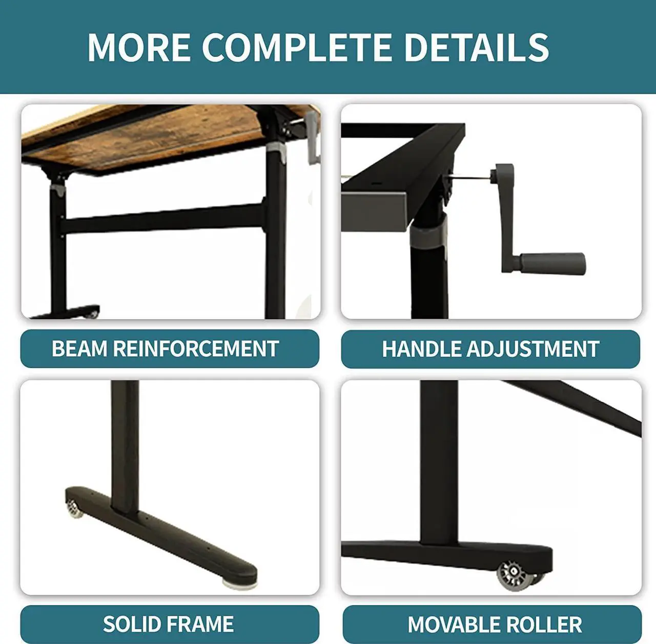 Alt view image 5 of 7 - Manual Standing Desk Adjustable Height- Crank Mobile Standing Desk 48 x 24 Inches Sit Stand Desk Frame & Top, Stand Up Desk on Wheels, Computer Desk Black Frame & Rustic Brown