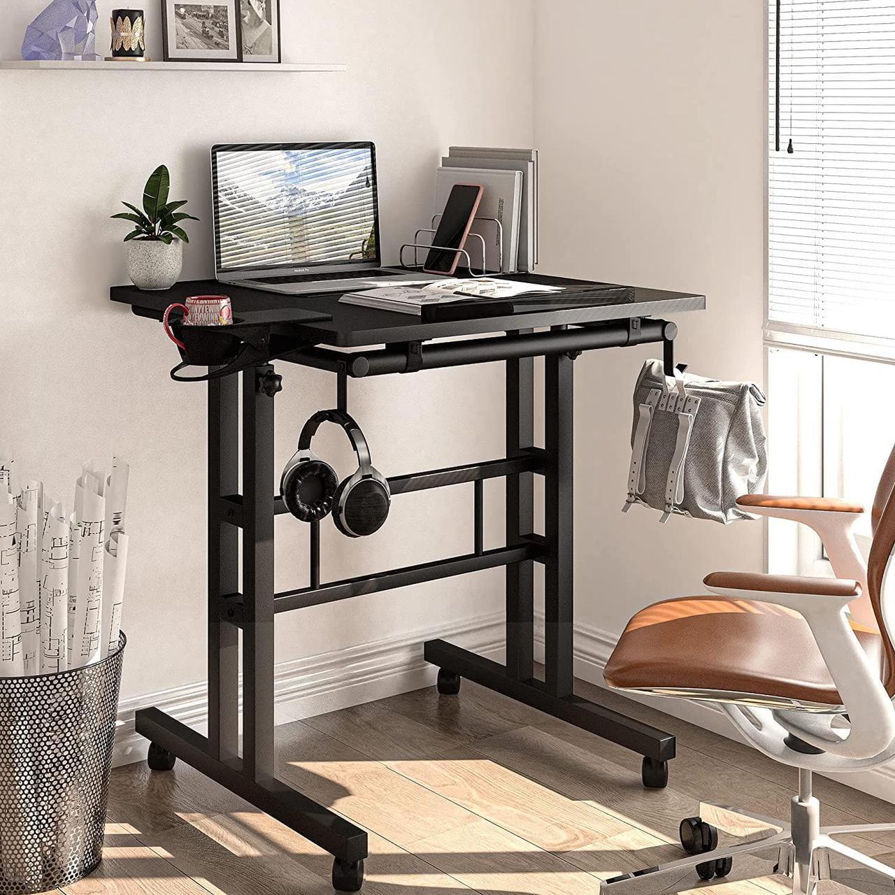Alt view image 2 of 7 - Adjustable Height Standing Desk with Cup Holder, Portable and Easy to Move, Ideal for Home or Office, Black