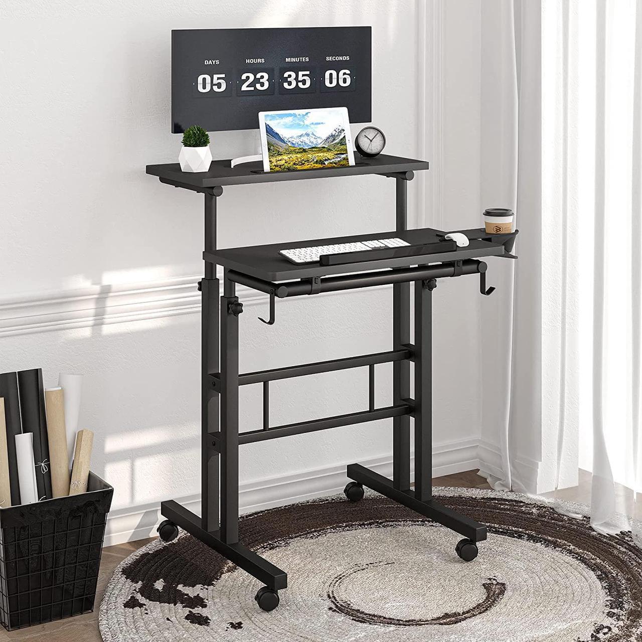 Alt view image 4 of 7 - Adjustable Height Standing Desk with Cup Holder, Portable and Easy to Move, Ideal for Home or Office, Black