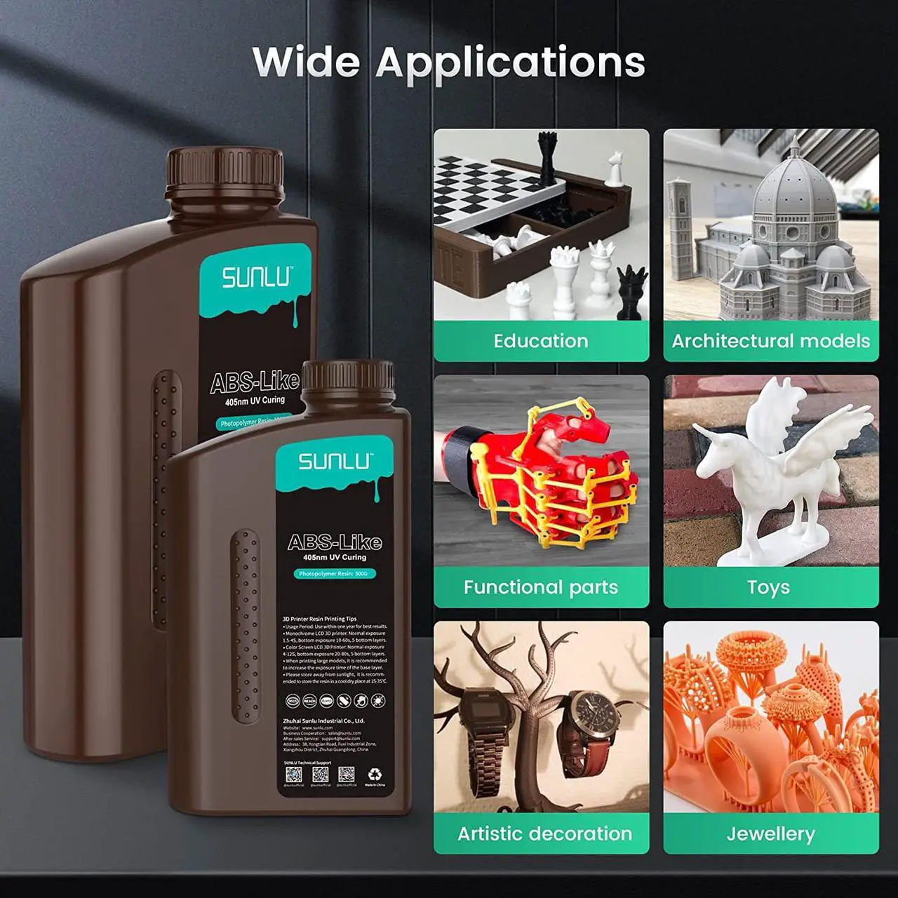 Alt view image 3 of 7 - SUNLU ABS Like 3D Printer Resin Bundle Multicolor, Fast Curing 3D Printing Liquid Photopolymer Resin, 395 to 405nm UV Curing, 2kg in Total, 0.5kg per Bottle, 4 Packs, Grey+White+Clear Blue+Clear Red