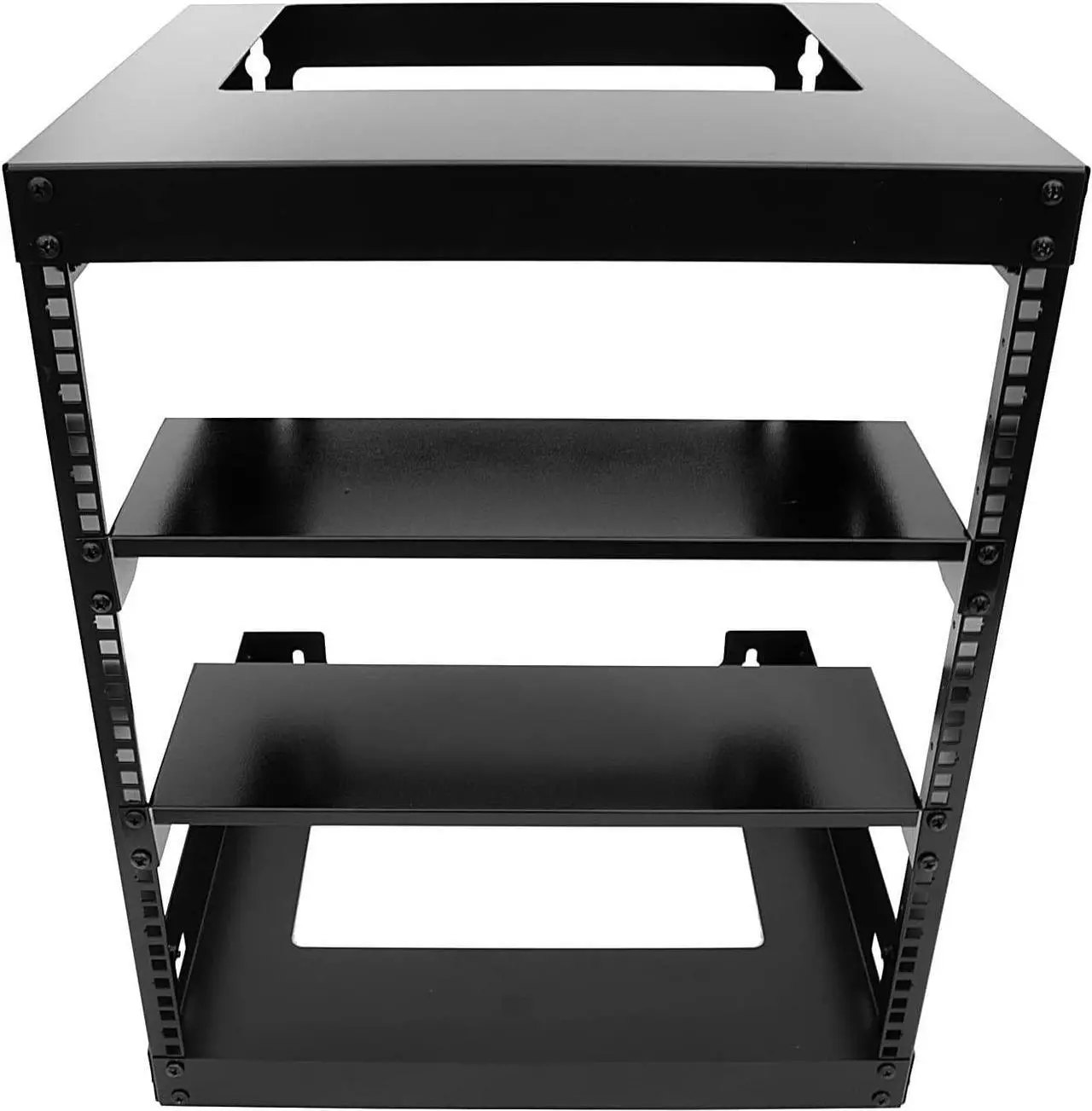 Main image of Raising Electronics 12U Wall Mount Open Frame 19 Inch Server Equipment Rack 15 Inch Depth Black with 2 Shelves