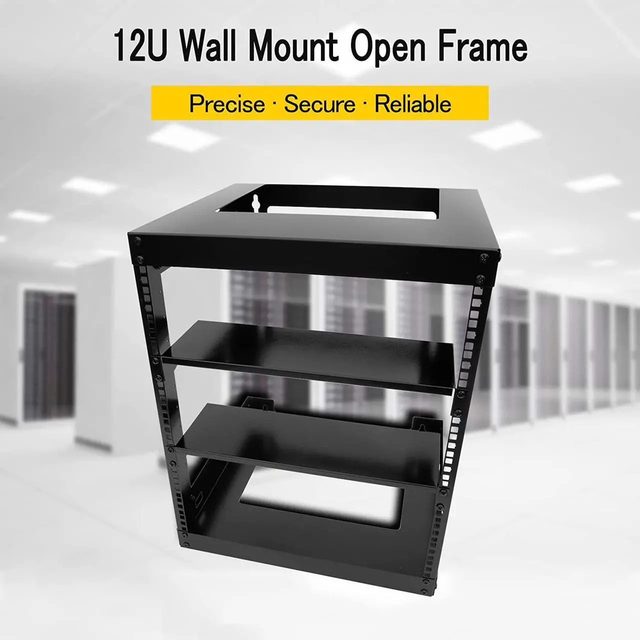 Alt view image 2 of 6 - Raising Electronics 12U Wall Mount Open Frame 19 Inch Server Equipment Rack 15 Inch Depth Black with 2 Shelves