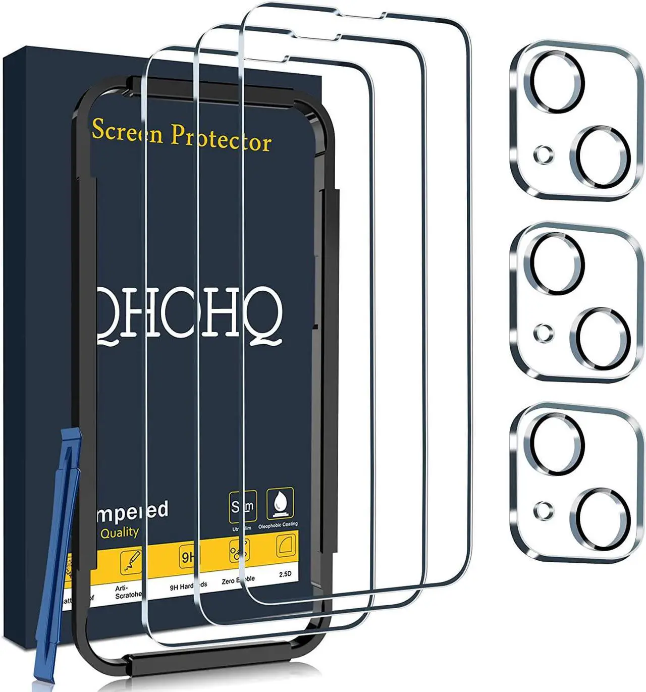 Main image of QHOHQ 3 Pack Screen Protector for iPhone 14 / iPhone 13 [6.1 Inch] with 3 Pack Tempered Glass Camera Lens Protector, Ultra HD, 9H Hardness,Case Friendly