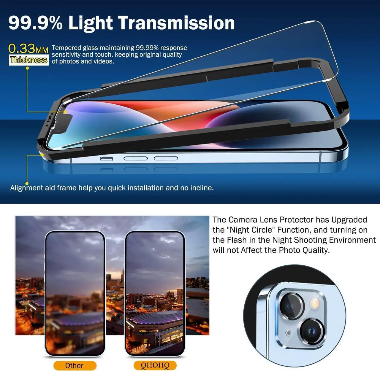 Alt view image 2 of 7 - QHOHQ 3 Pack Screen Protector for iPhone 14 / iPhone 13 [6.1 Inch] with 3 Pack Tempered Glass Camera Lens Protector, Ultra HD, 9H Hardness,Case Friendly