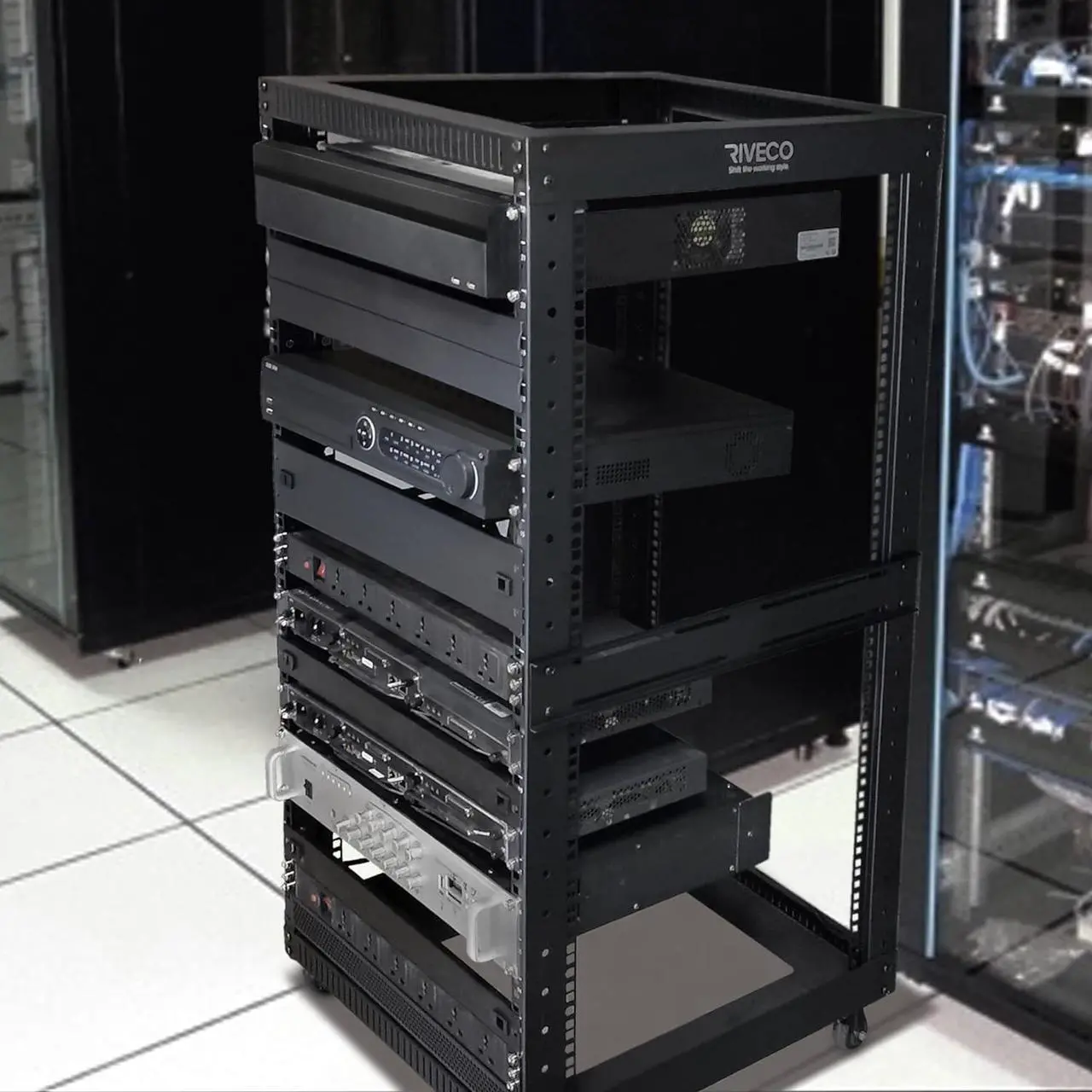 Alt view image 6 of 6 - RIVECO 22U Open Frame Server Rack with Wheels- Heavy Duty 4 Post Quick Assembly 19-inch, Stereo Rack Rolling Network Shelf Black
