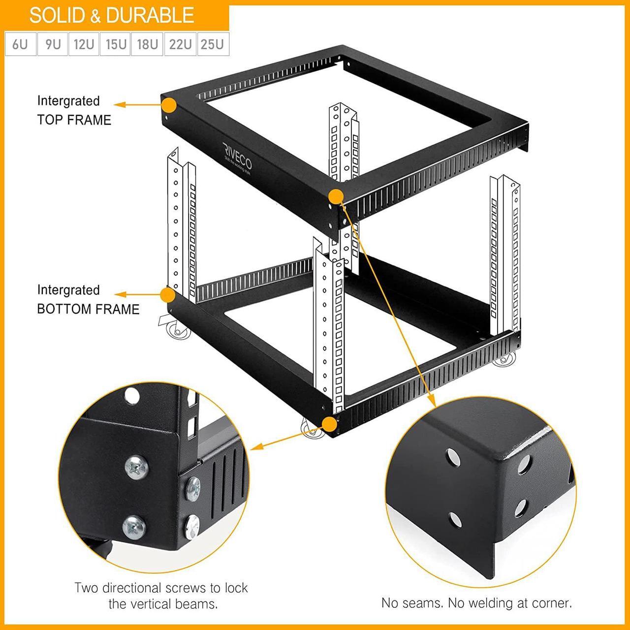 Alt view image 2 of 6 - RIVECO 18U Open Frame Server Rack with Brake Casters- Heavy Duty 4 Post Quick Assembly 19-inch Rack Network Durable Black