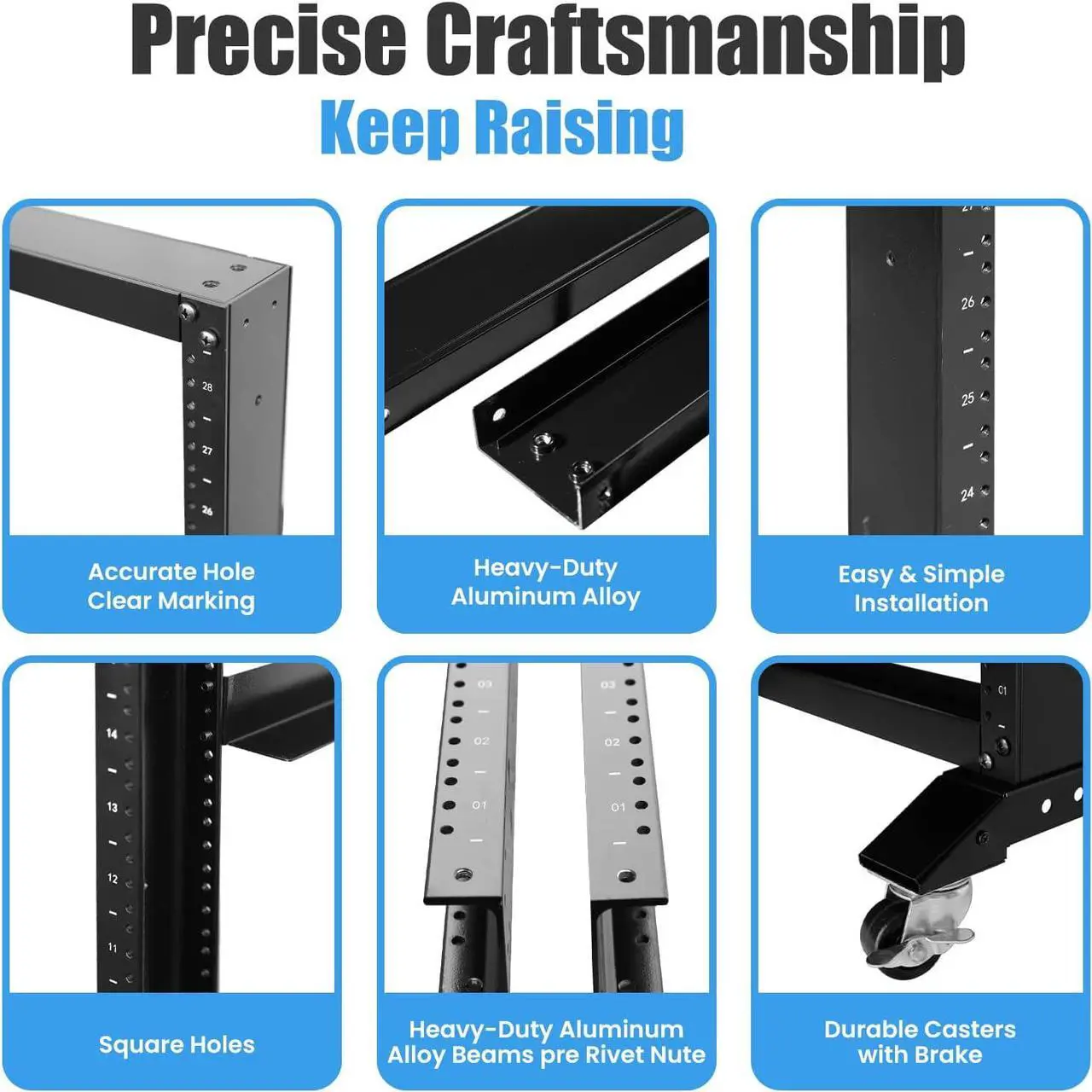 Alt view image 2 of 5 - Rising Electronics Open Rack 15U 20U 28U 32U 42U 4 Post Open Frame 19-Inch Data Network Desktop Server/Audio Rack(28U, 17" Depth)