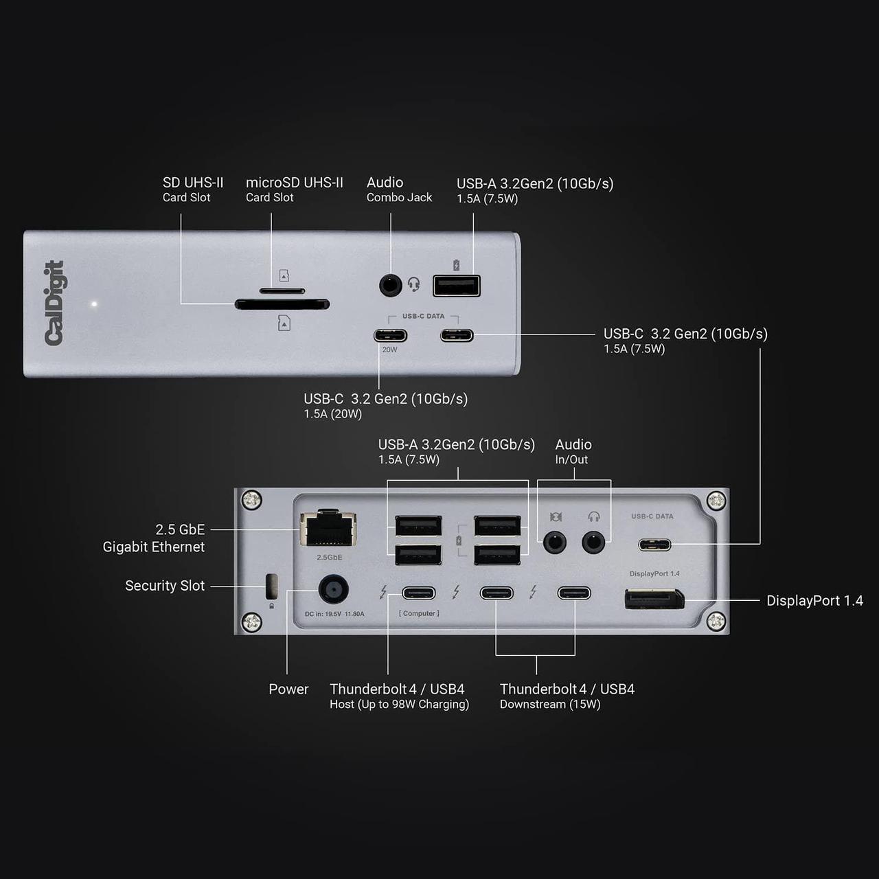 Alt view image 2 of 7 - CalDigit TS4 Thunderbolt 4 Dock - 18 Ports, 98W Charging, 40Gb/s Thunderbolt 4, USB-A/C, 2.5GbE, 8K/6K Displays, Mac/PC/Chrome Compatible