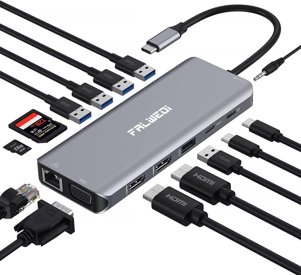 USB C Laptop Docking Station, 14 in 1 Type C Hub Multiport Adapter Dongle with 3 Monitors, Dual HDMI, VGA, PD, Ethernet, SD/TF, USB C/A Ports, Mic/Audio, Compatible for Dell/Surface/HP/Lenovo Laptops