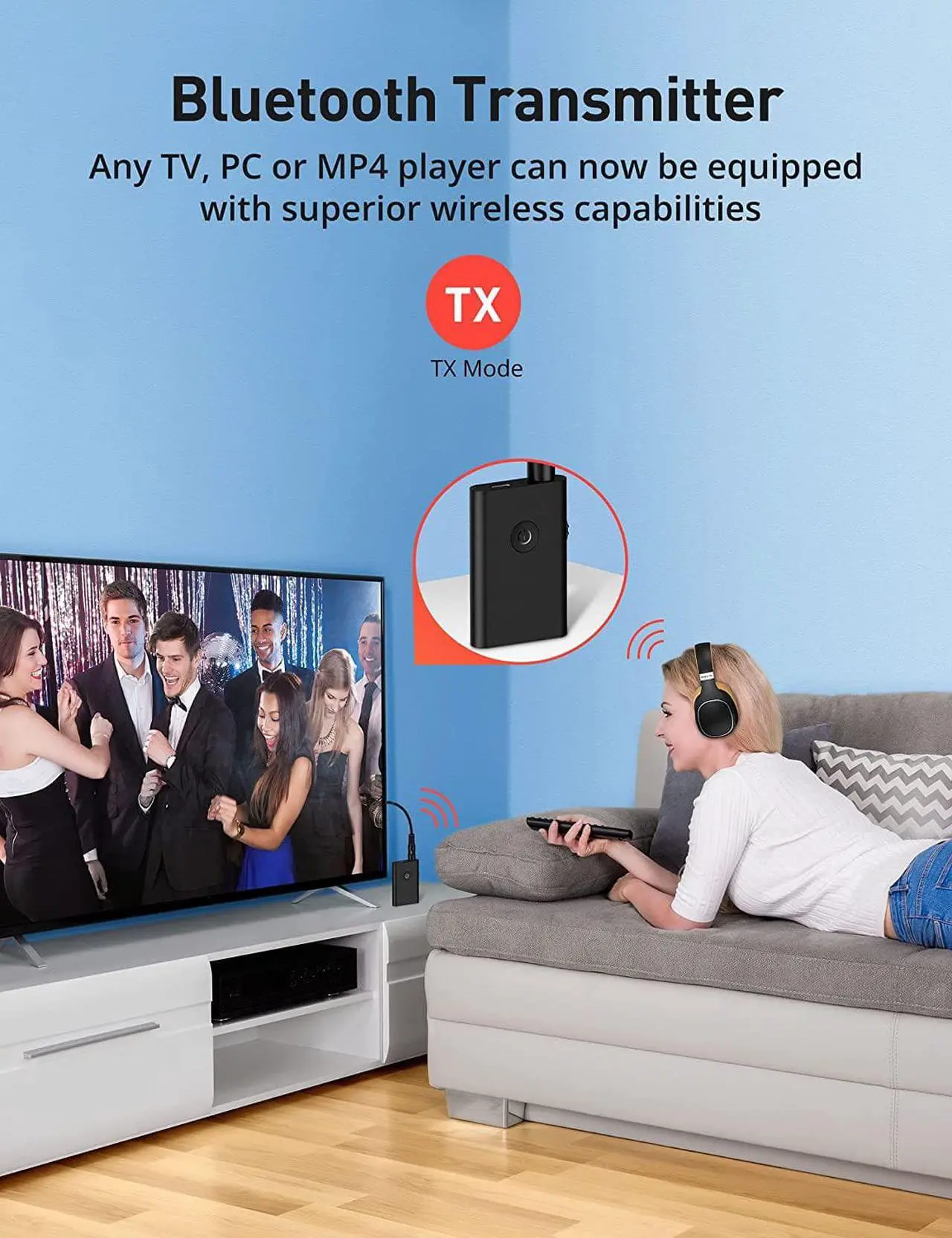 Alt view image 2 of 7 - V5.0 Bluetooth Transmitter Receiver for TV PC, 2-in-1 AUX Audio Adapter, Wireless 3.5mm Bluetooth Adapter for Headphones/Car/Home Stereo/Switch/Speakers, Simultaneously Pair 2 Devices