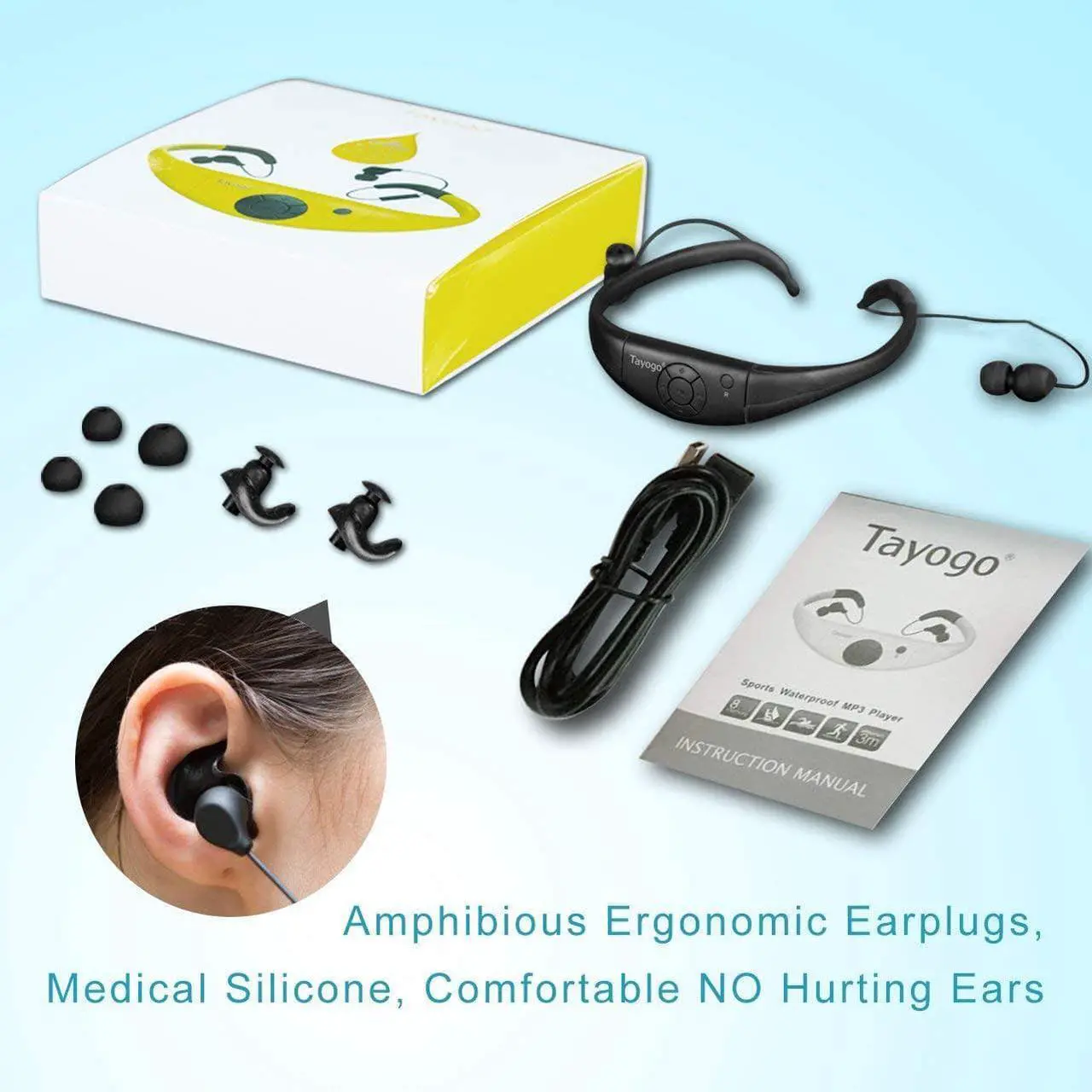 Alt view image 7 of 7 - Waterproof MP3 Player for Swimming, IPX8 8GB Swimming Headphones with Shuffle Feature,Enjoy Music for Swimming, Diving and Other Sports(Black)