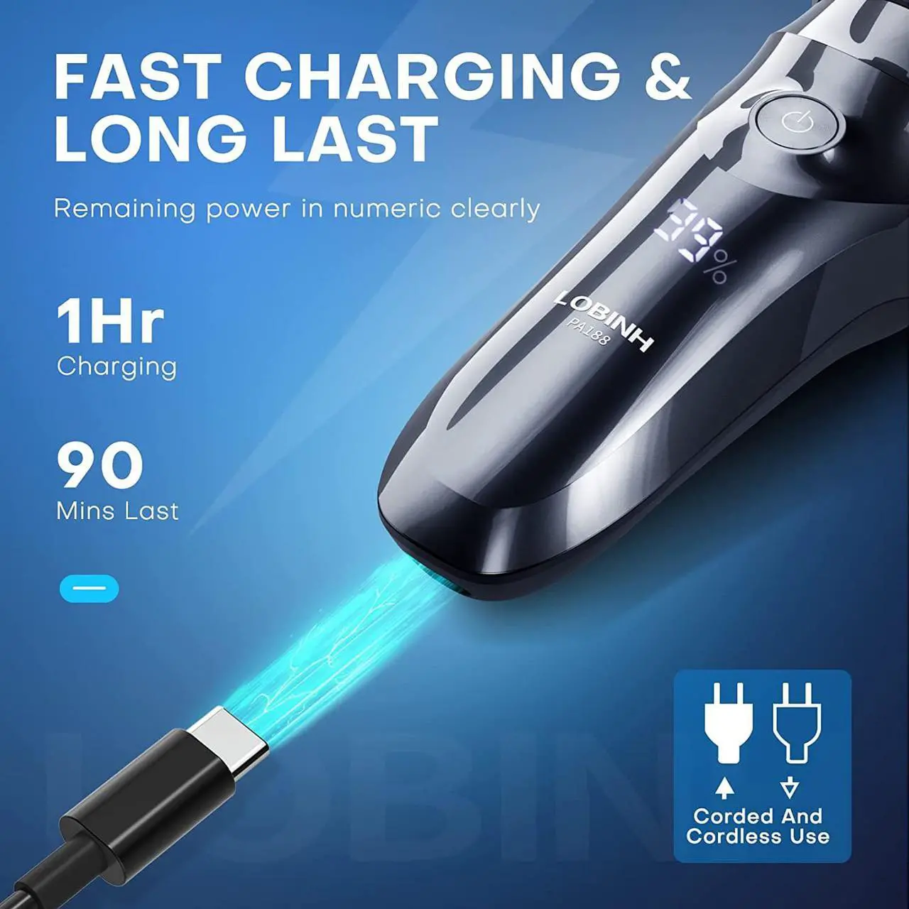 Alt view image 5 of 7 - Electric Shaver for Men, 100% Washable Rechargeable Waterproof Electric Razor Wet & Dry Shaving with Pop-up Trimmer, 1 Hour Fast Charging, 4D Floating Head, LCD Power Indicator