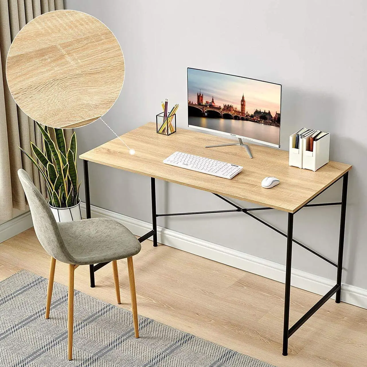 Alt view image 4 of 7 - Coavas 47 inch Office Computer Desk Large Study Desk Simple Writing Table Workstation for Home, Oak Tabletop with Black Frame