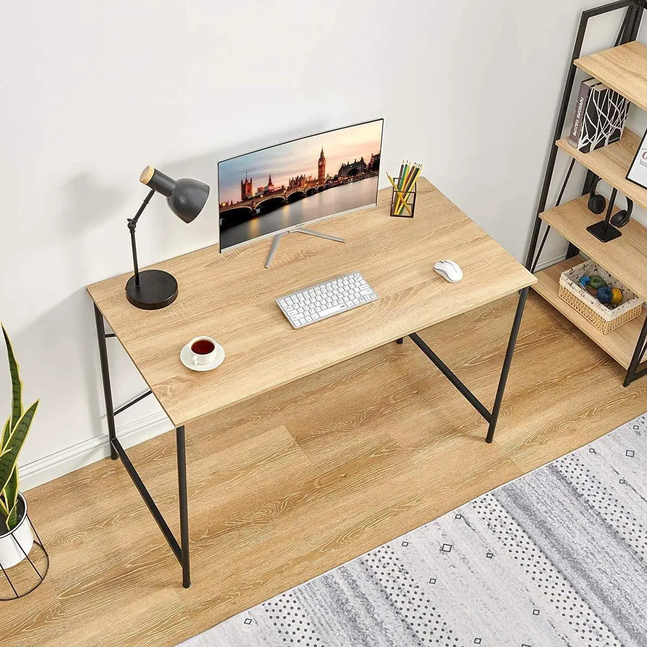 Alt view image 2 of 7 - Coavas 47 inch Office Computer Desk Large Study Desk Simple Writing Table Workstation for Home, Oak Tabletop with Black Frame
