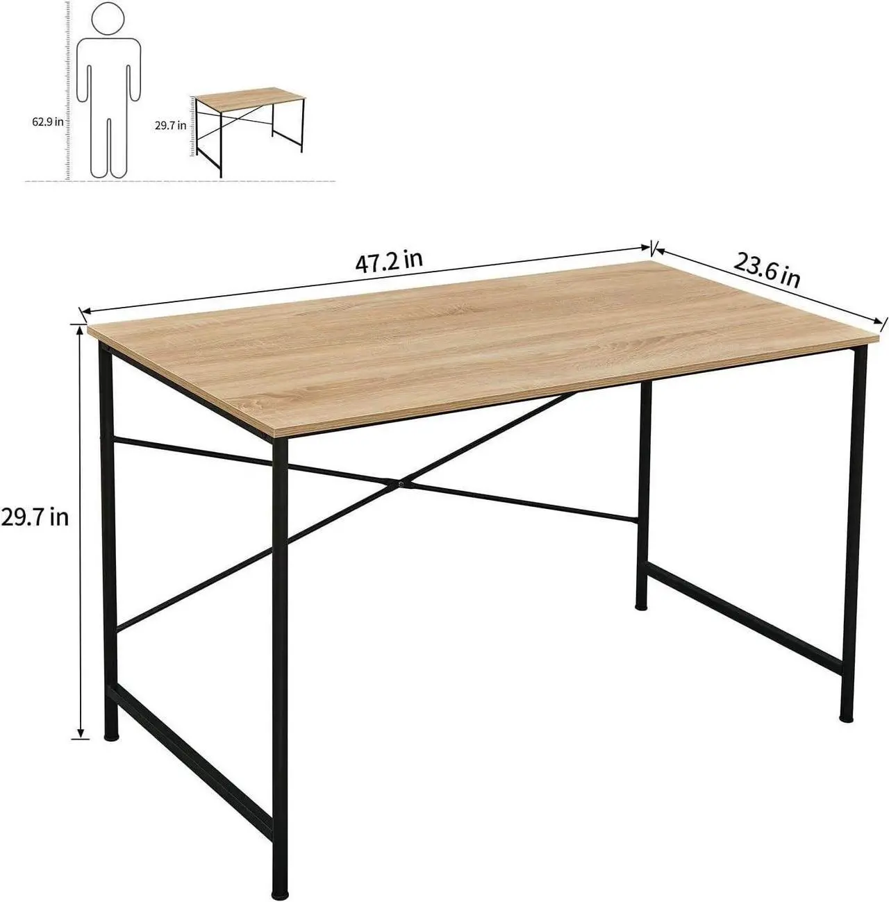 Alt view image 3 of 7 - Coavas 47 inch Office Computer Desk Large Study Desk Simple Writing Table Workstation for Home, Oak Tabletop with Black Frame