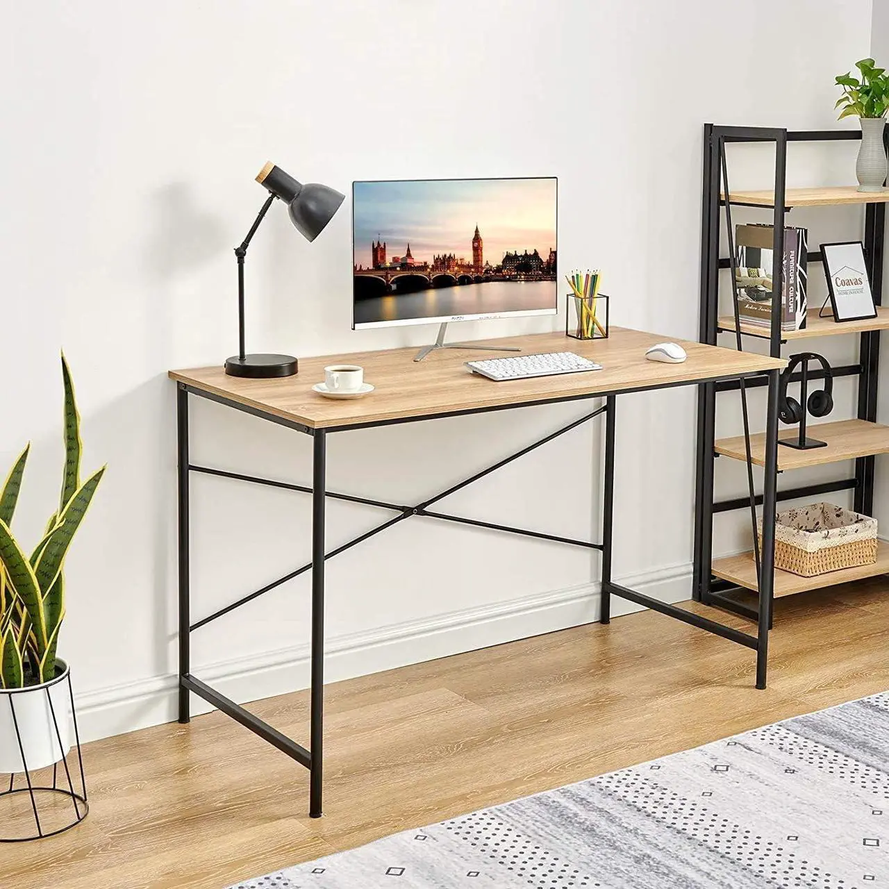 Alt view image 7 of 7 - Coavas 47 inch Office Computer Desk Large Study Desk Simple Writing Table Workstation for Home, Oak Tabletop with Black Frame