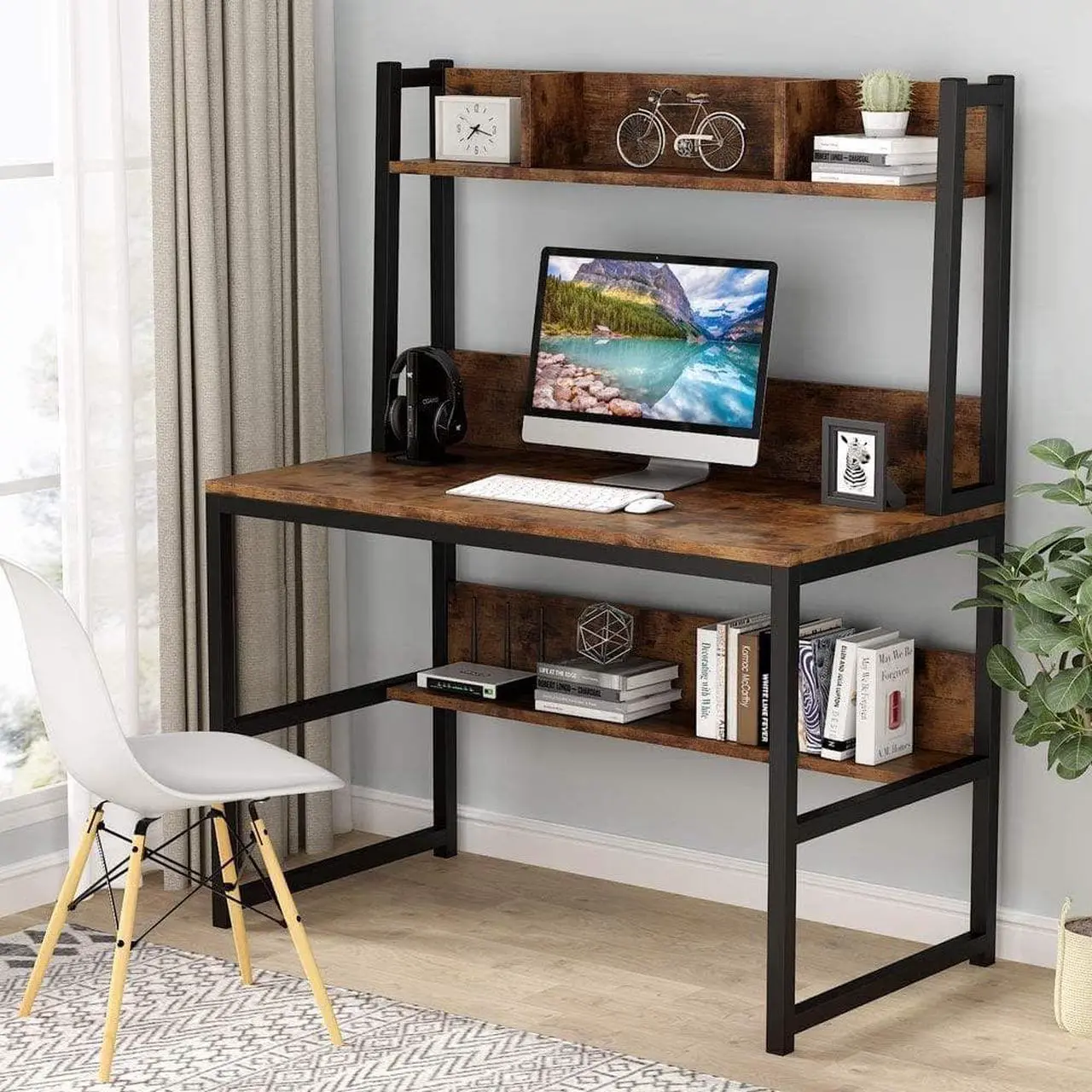 Alt view image 4 of 7 - Tribesigns Computer Desk with Hutch, 42" Study Desk with Bottome Storage Shelve, Workstaion for Home Office, Small Space, 42" W x 19" D x 55" H