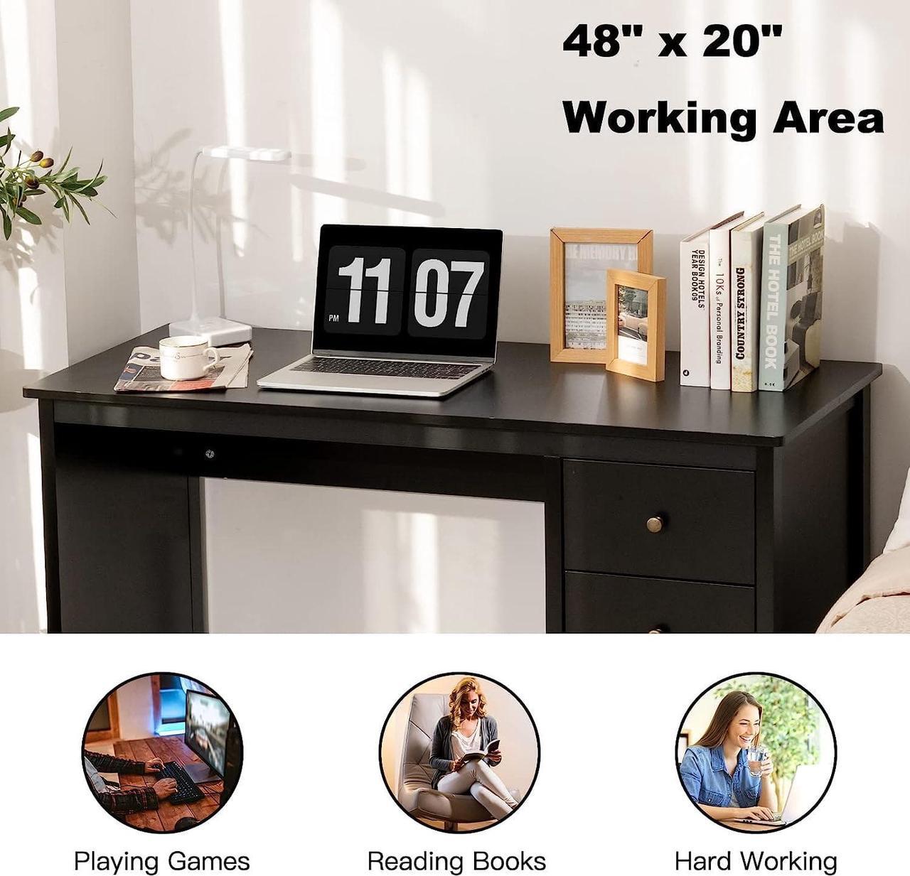 Alt view image 4 of 7 - Black Computer Desk with Drawers, 48 x 20 x 29.5 Home Office Computer Workstation, Modern Executive Desks, Teens Writing Study Table Laptop Desk for Bedroom, Study, Small Space (Black)