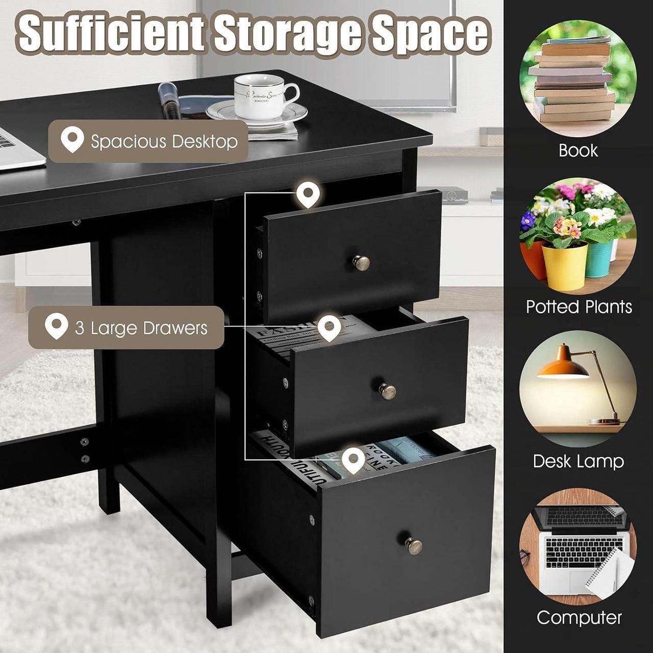 Alt view image 5 of 7 - Black Computer Desk with Drawers, 48 x 20 x 29.5 Home Office Computer Workstation, Modern Executive Desks, Teens Writing Study Table Laptop Desk for Bedroom, Study, Small Space (Black)