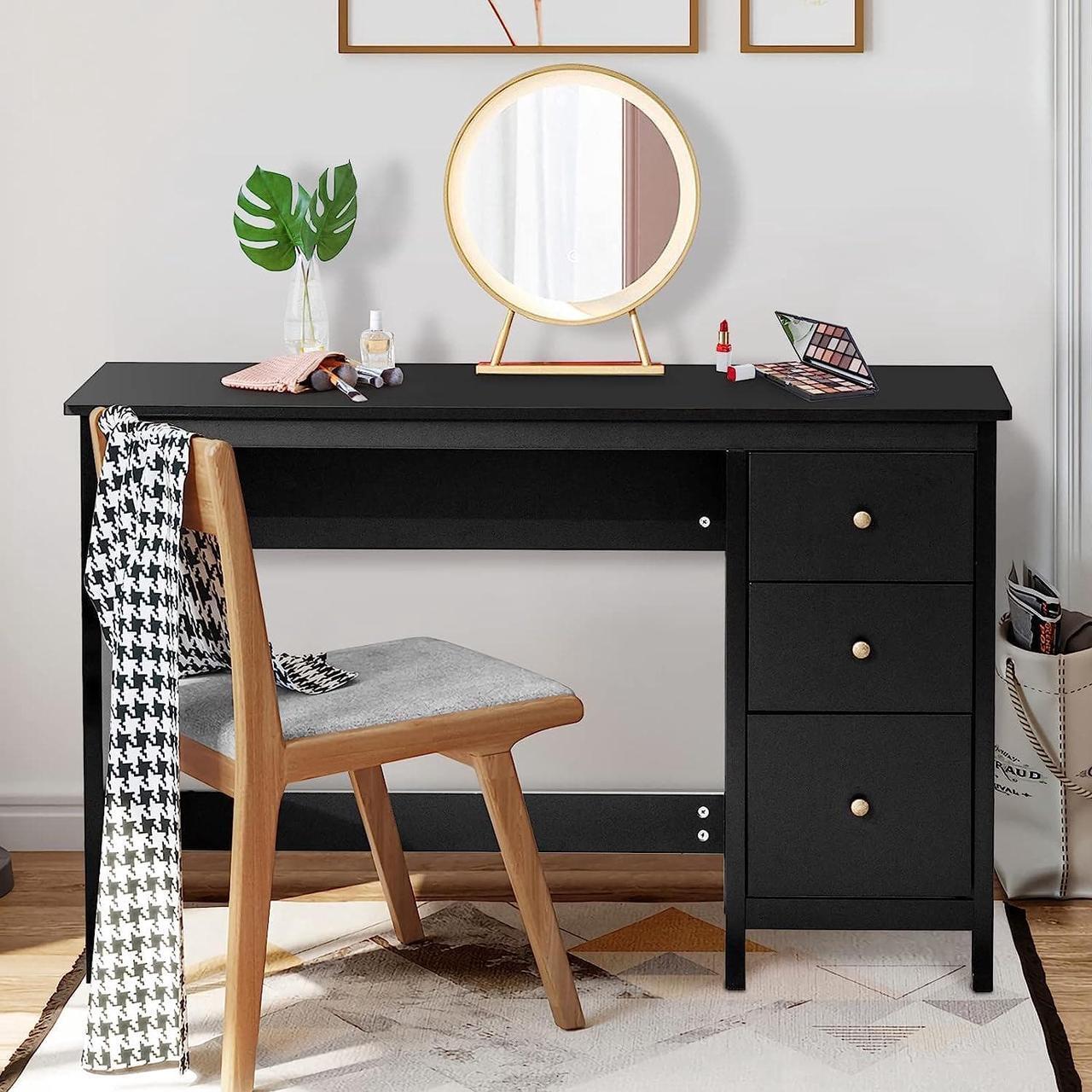 Alt view image 7 of 7 - Black Computer Desk with Drawers, 48 x 20 x 29.5 Home Office Computer Workstation, Modern Executive Desks, Teens Writing Study Table Laptop Desk for Bedroom, Study, Small Space (Black)
