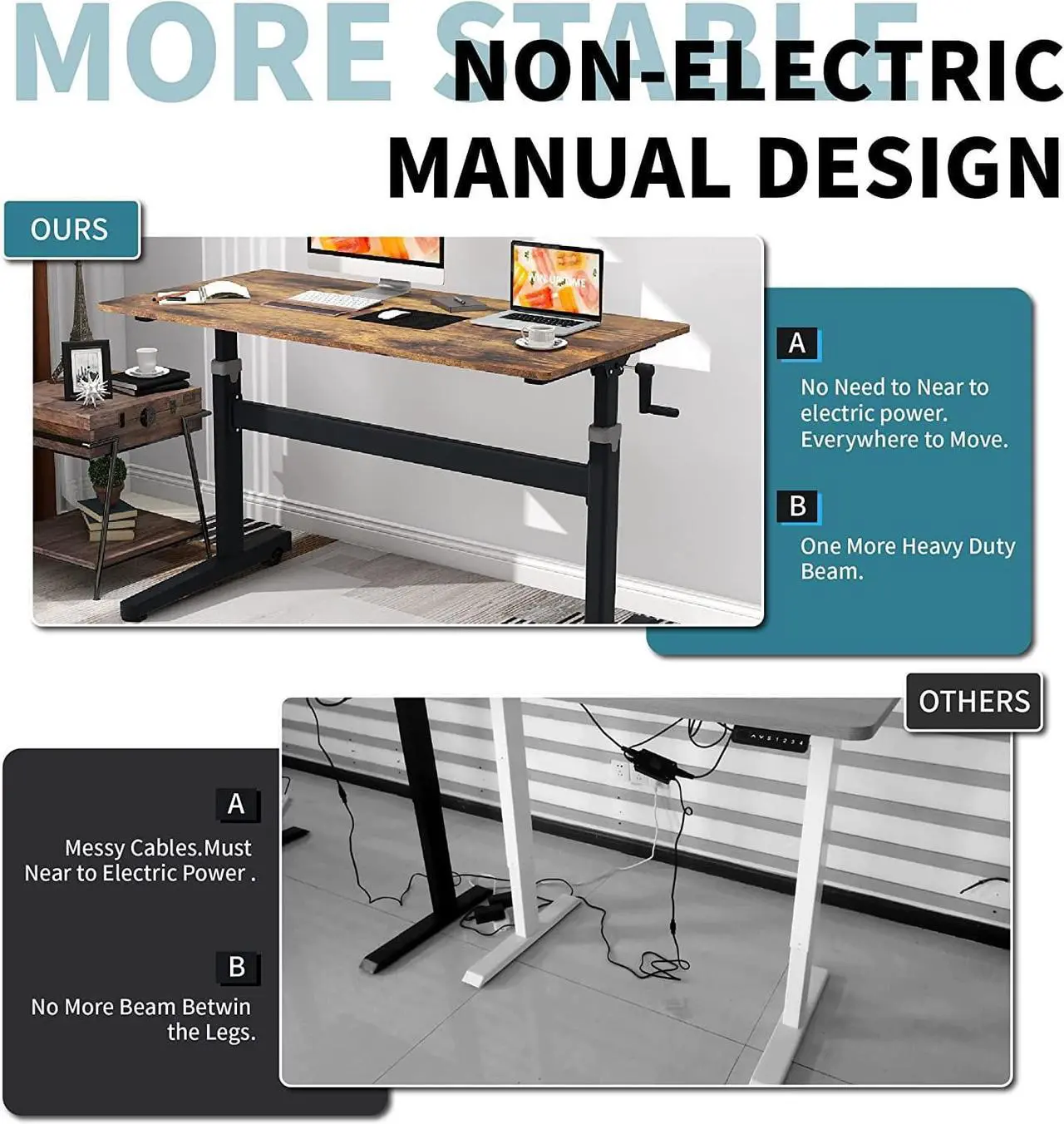 Alt view image 4 of 7 - Manual Standing Desk Adjustable Height- Crank Mobile Standing Desk 48 x 24 Inches Sit Stand Desk Frame & Top, Stand Up Desk on Wheels, Computer Desk Black Frame & Rustic Brown