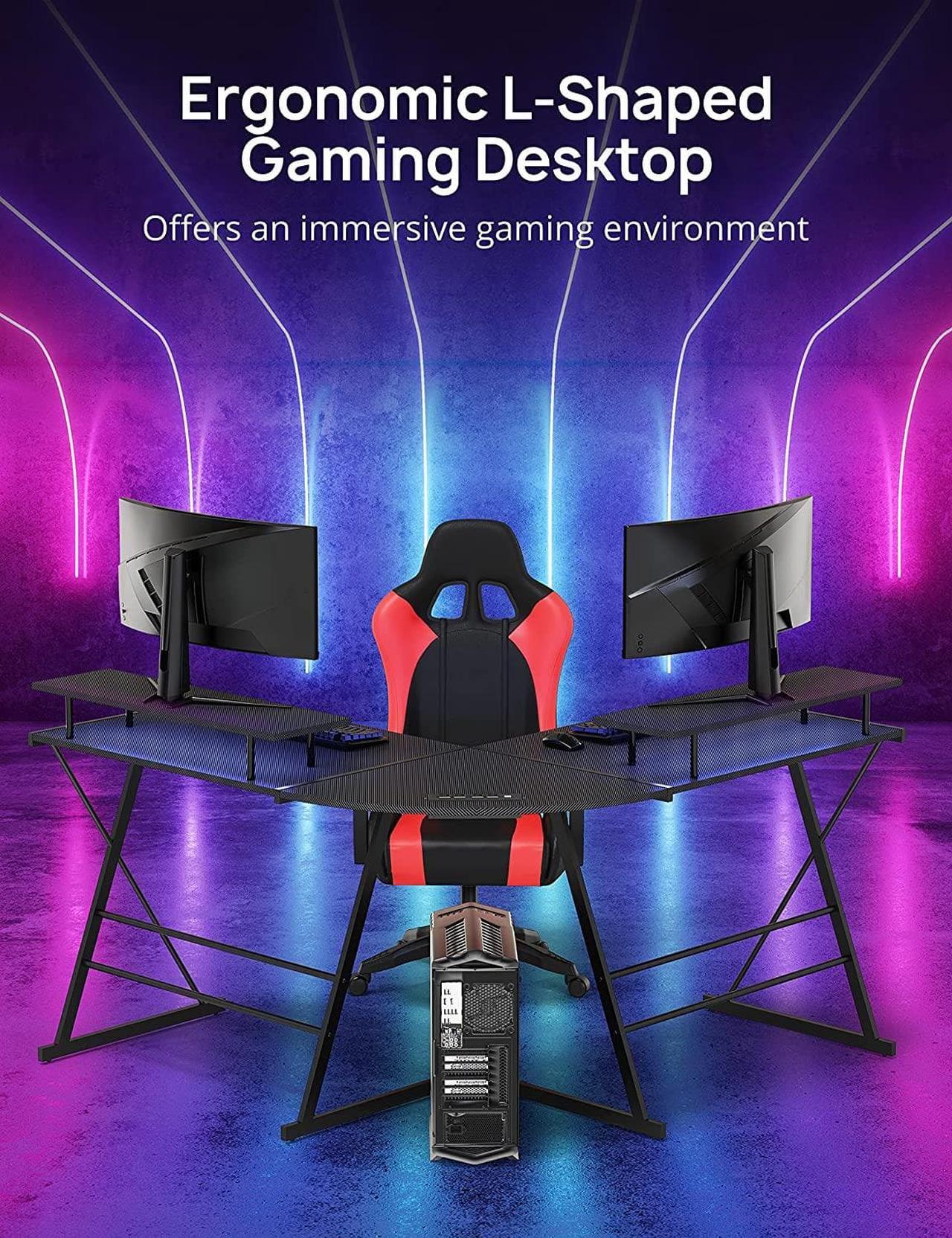 Alt view image 3 of 7 - Evajoy Gaming Desk, L Shaped Computer Corner Desk, 53" Ergonomic Gaming Table with Monitor Stands, PC Desk with LED Strips and Power Outlets, Carbon Fiber Surface with Cup Holder, Headphone Hook
