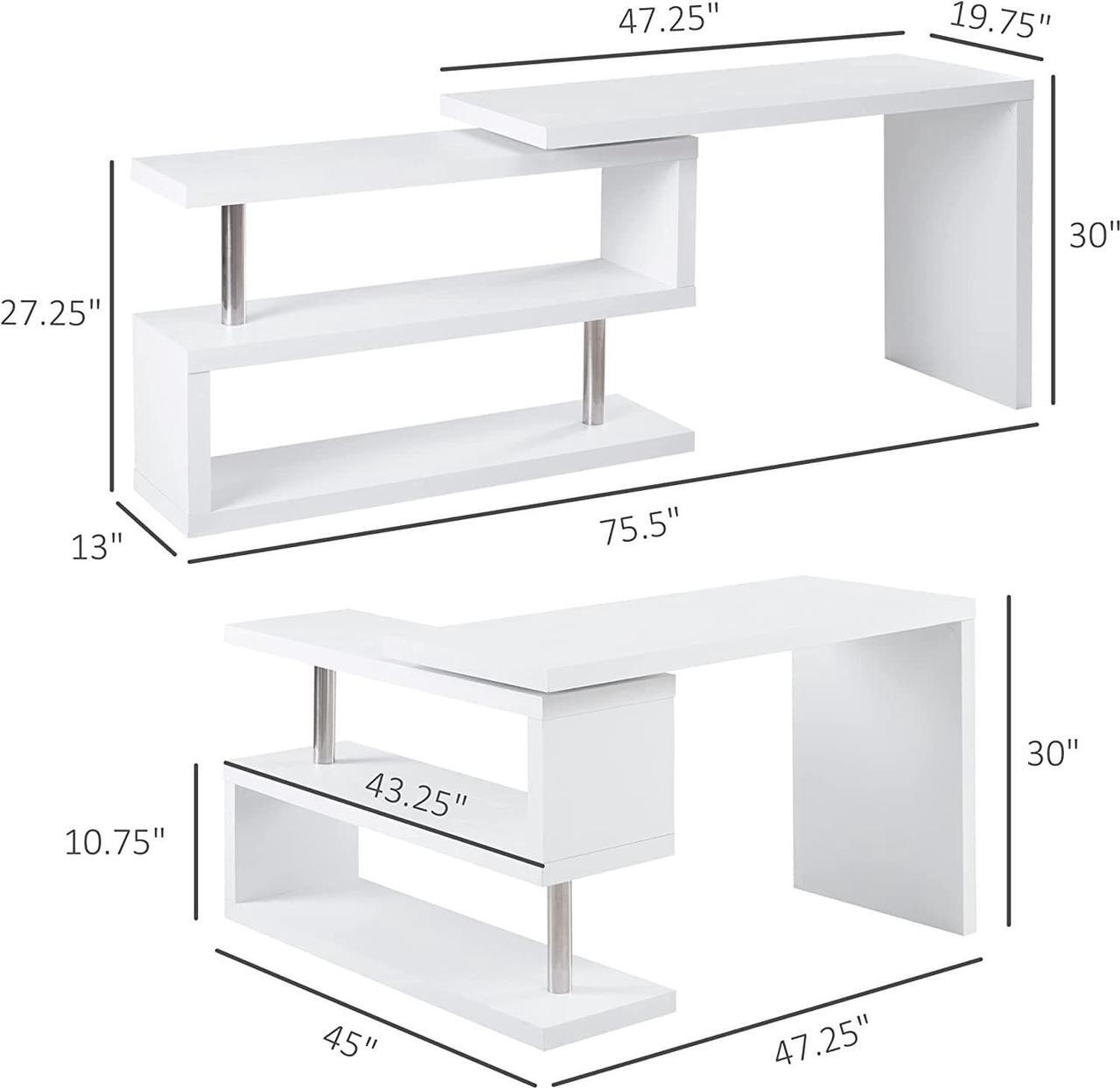 Alt view image 3 of 7 - HOMCOM 360 Degree Rotating Corner Computer Desk, L Shaped Desk, Home Office Workstation with 3-Tier Storage Shelves, White