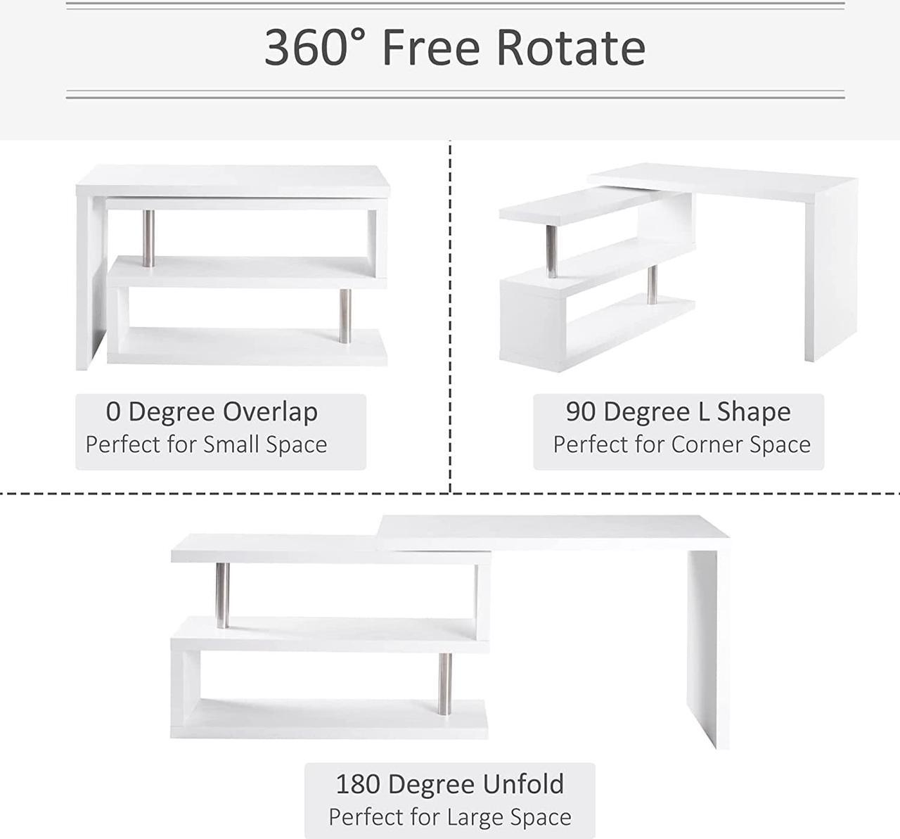 Alt view image 4 of 7 - HOMCOM 360 Degree Rotating Corner Computer Desk, L Shaped Desk, Home Office Workstation with 3-Tier Storage Shelves, White