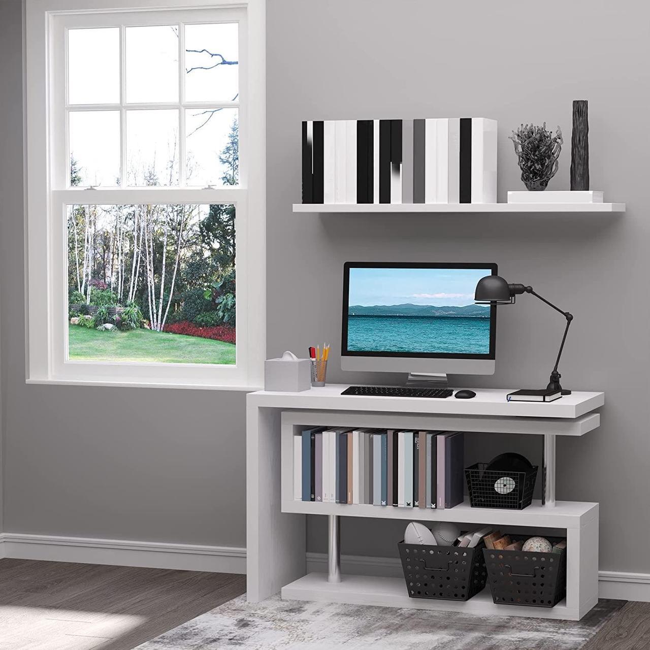 Alt view image 6 of 7 - HOMCOM 360 Degree Rotating Corner Computer Desk, L Shaped Desk, Home Office Workstation with 3-Tier Storage Shelves, White