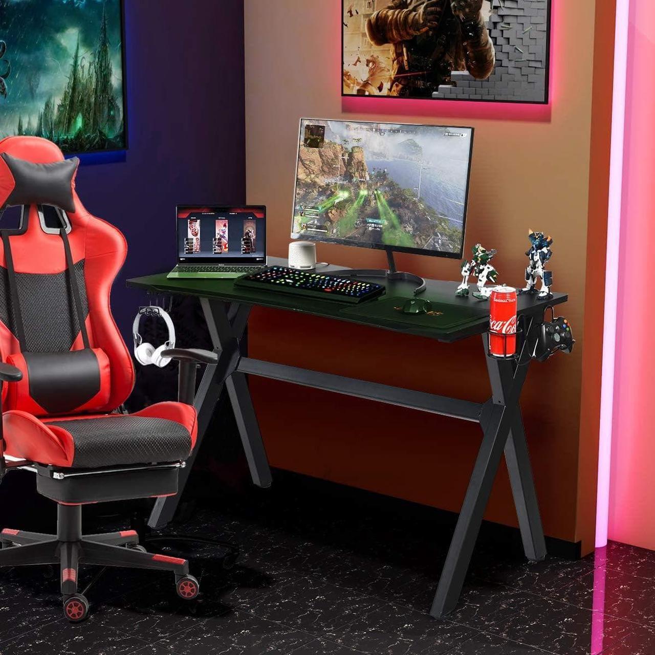 Alt view image 2 of 7 - Tangkula Computer Desk Gaming Desk, Ergonomic E-Sports Desk with Cup & Headphone Holder and Mouse Pad, Gamer Workstation with Carbon Fiber Surface and X-Shape Steel Frame, Home Office Desk (Black)