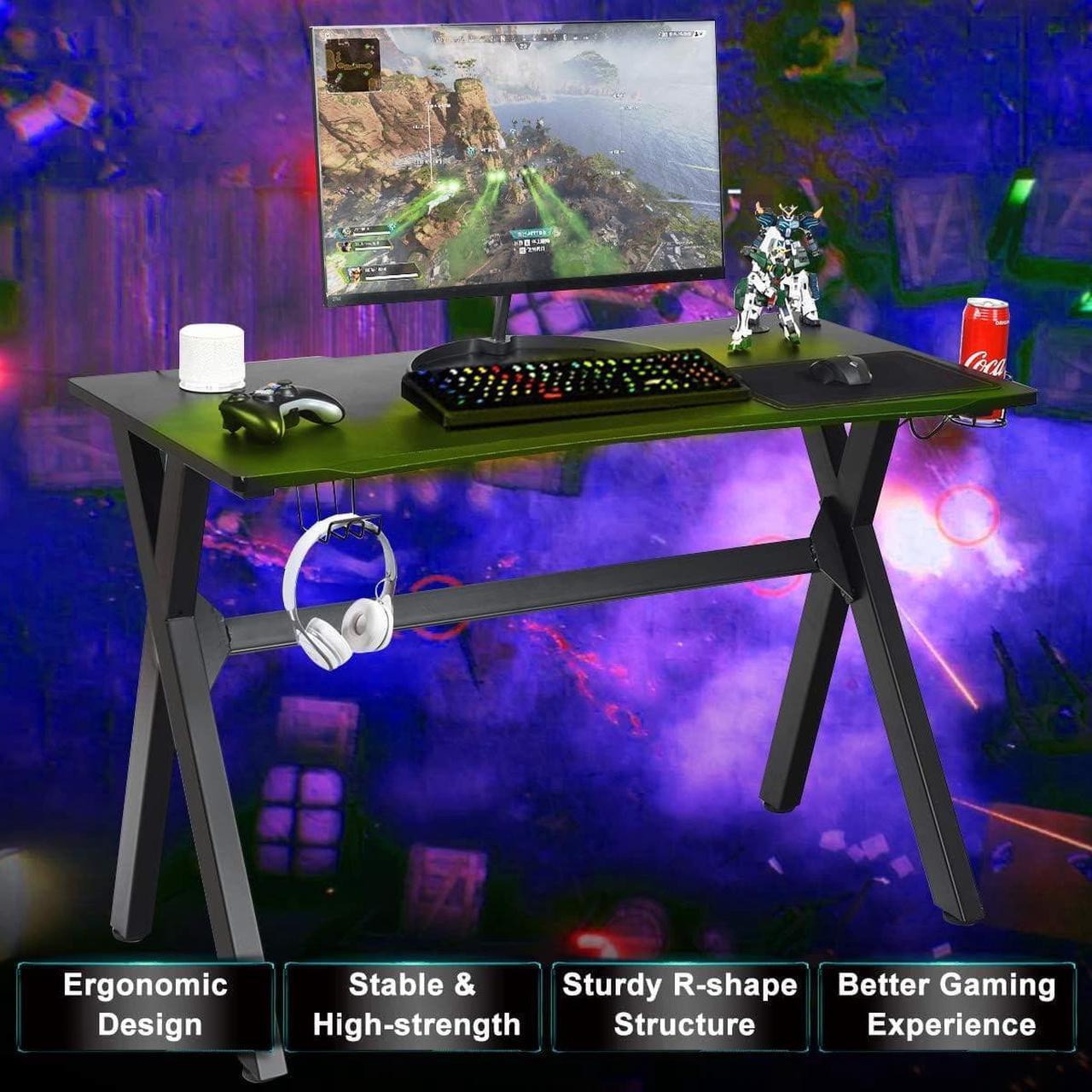 Alt view image 5 of 7 - Tangkula Computer Desk Gaming Desk, Ergonomic E-Sports Desk with Cup & Headphone Holder and Mouse Pad, Gamer Workstation with Carbon Fiber Surface and X-Shape Steel Frame, Home Office Desk (Black)