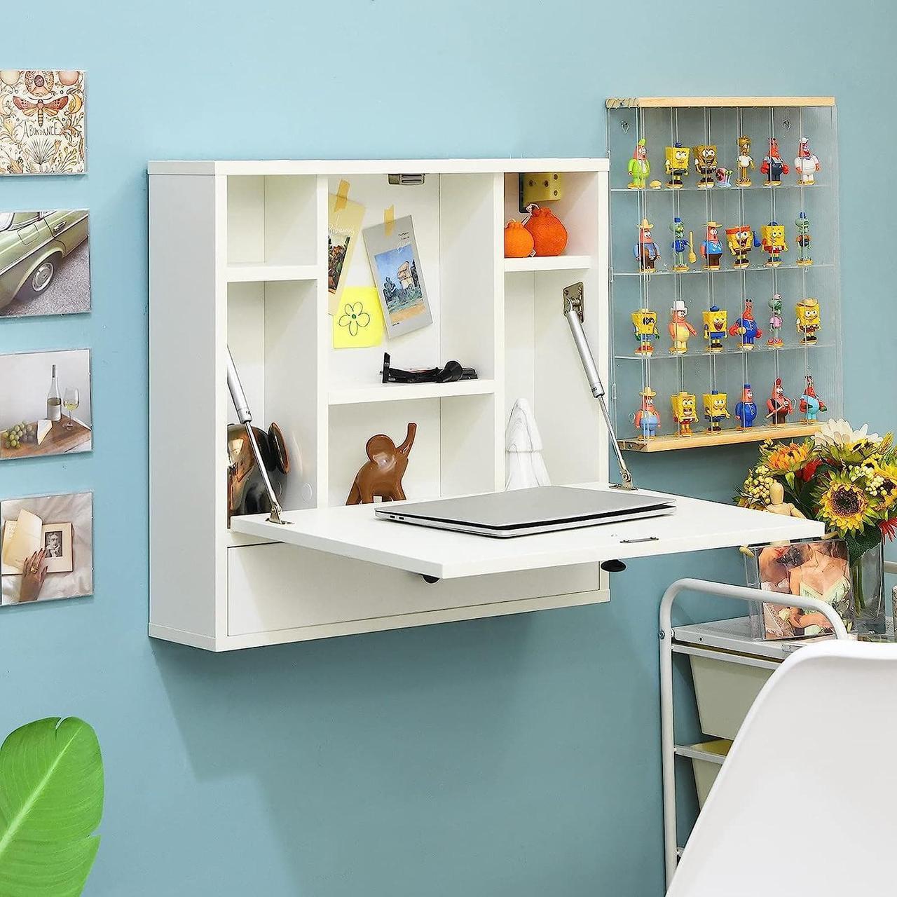 Main image of Wall Mounted Desk, Wall Computer Desk w/Storage Drawer & Shelves, Compact Floating Desk for Wall, Space Saving Wall Desk Fold Down, Wall Desks for Small Spaces (White)