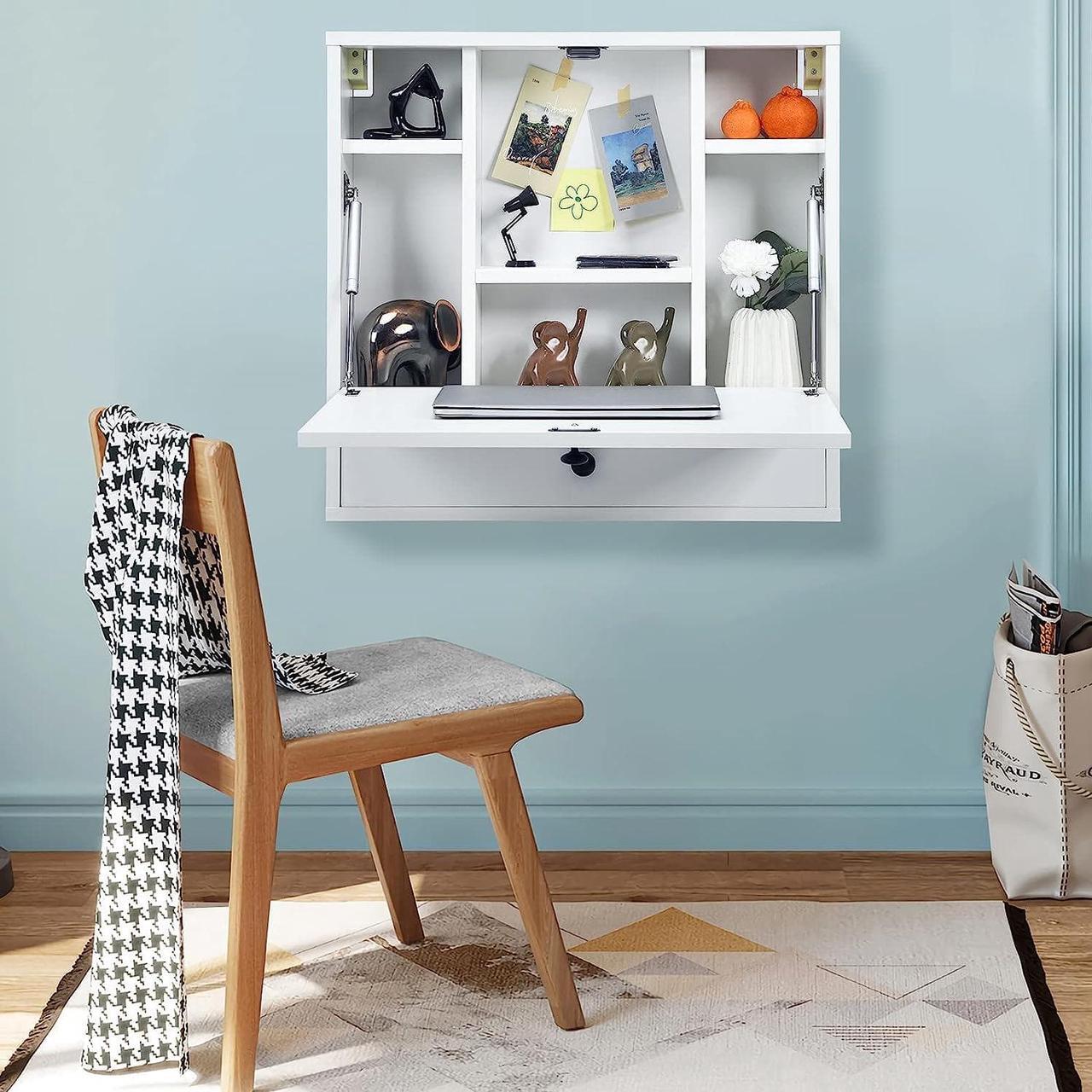 Alt view image 3 of 7 - Wall Mounted Desk, Wall Computer Desk w/Storage Drawer & Shelves, Compact Floating Desk for Wall, Space Saving Wall Desk Fold Down, Wall Desks for Small Spaces (White)