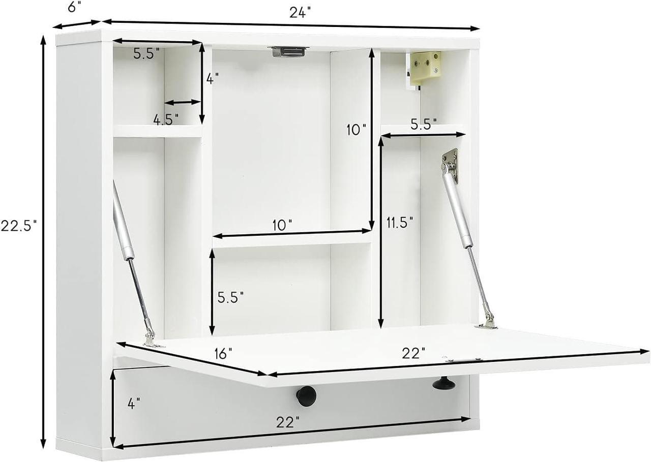 Alt view image 2 of 7 - Wall Mounted Desk, Wall Computer Desk w/Storage Drawer & Shelves, Compact Floating Desk for Wall, Space Saving Wall Desk Fold Down, Wall Desks for Small Spaces (White)