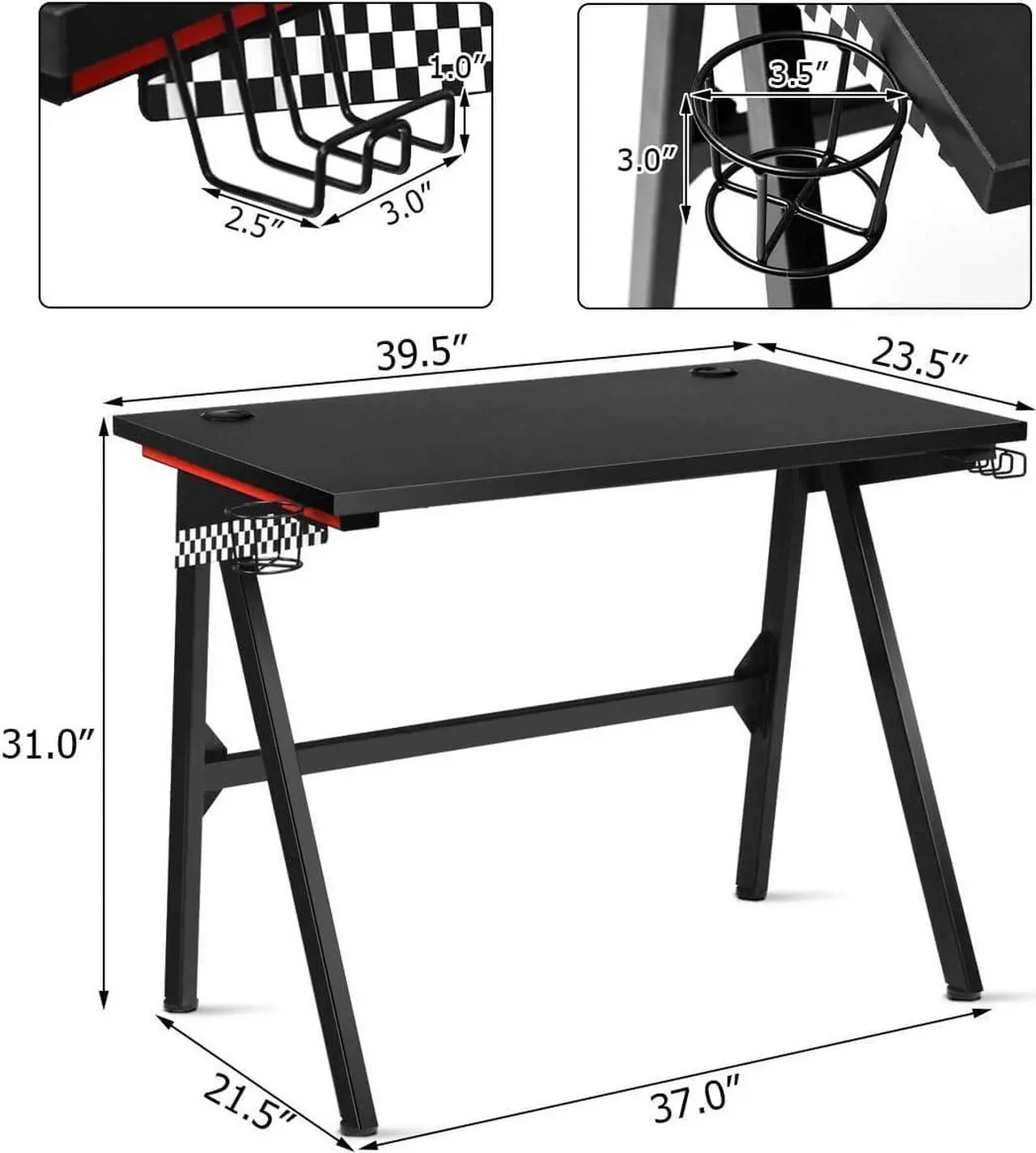 Alt view image 3 of 7 - Tangkula Computer Desk Gaming Desk, E Sports Gamer Table, Professional Gamer Workstation with Cup Holder, Headphone Hook, Ergonomic PC Gaming Table, Writing Desk for Home Office (Black)