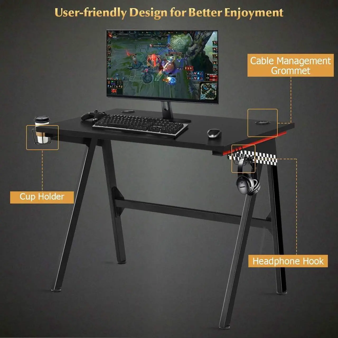 Alt view image 5 of 7 - Tangkula Computer Desk Gaming Desk, E Sports Gamer Table, Professional Gamer Workstation with Cup Holder, Headphone Hook, Ergonomic PC Gaming Table, Writing Desk for Home Office (Black)