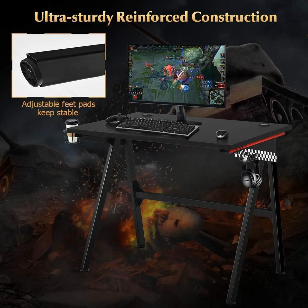 Alt view image 6 of 7 - Tangkula Computer Desk Gaming Desk, E Sports Gamer Table, Professional Gamer Workstation with Cup Holder, Headphone Hook, Ergonomic PC Gaming Table, Writing Desk for Home Office (Black)