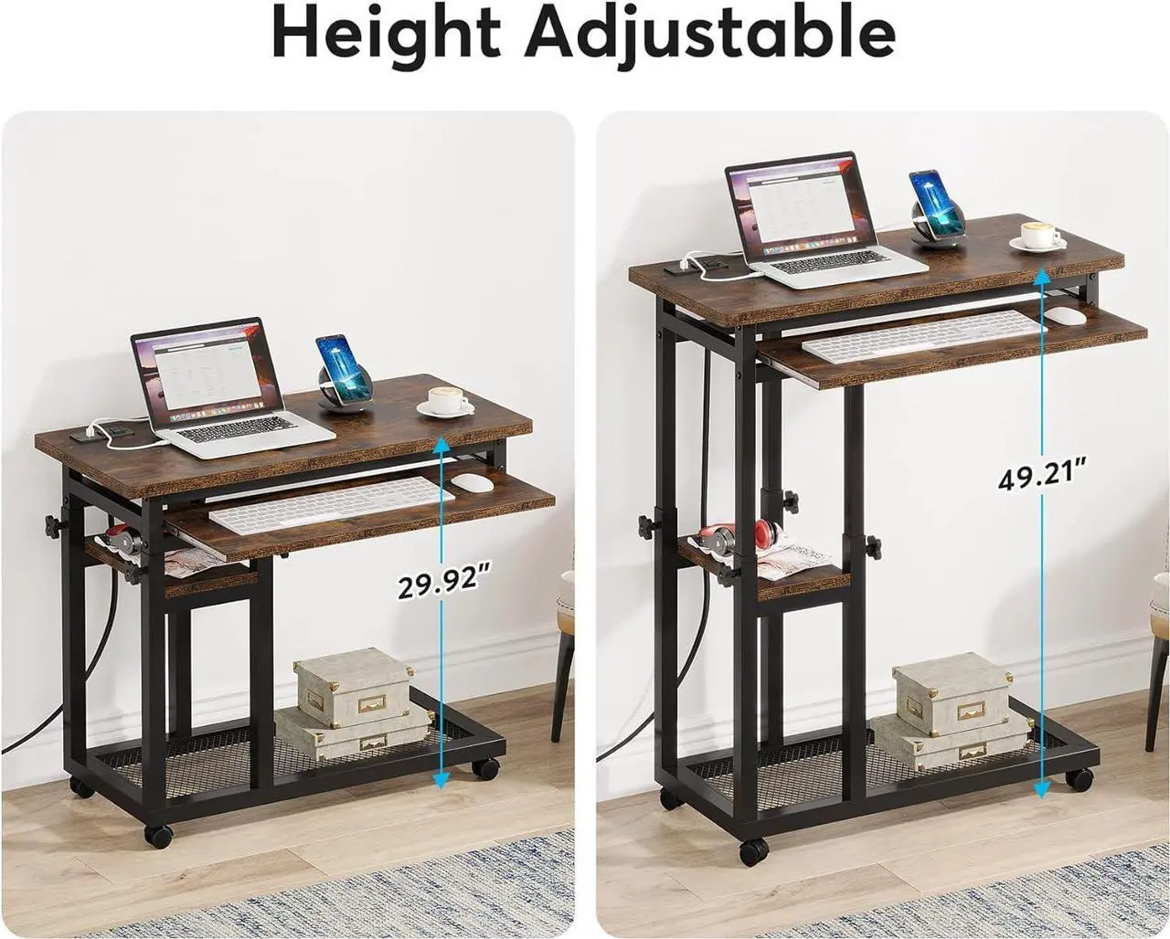 Alt view image 6 of 7 - Tribesigns Small Portable Desk with Power Outlet, Height Adjustable Sofa Couch Bedside Laptop Table with Wheels, Mobile Standing Desk Rolling Computer Cart C Side Table with USB Ports