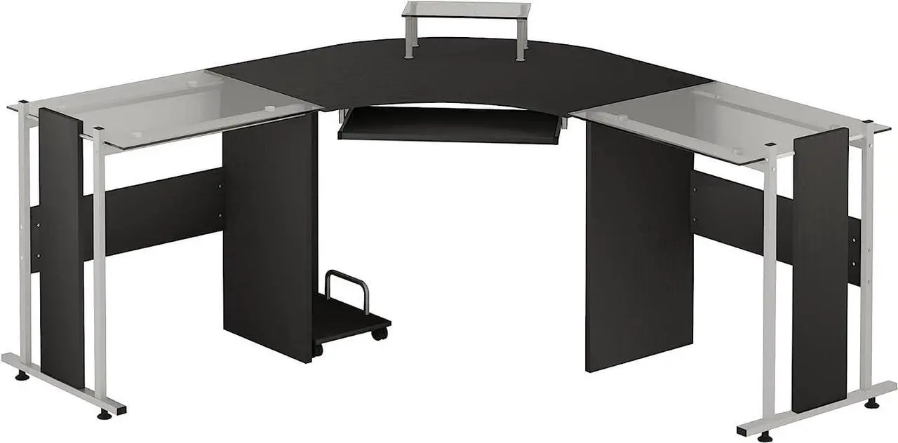 Main image of HOMCOM 69" Modern L-Shaped Tempered Glass Office Computer Desk with Elevated Monitor Stand, Rolling CPU Holder, Pull Out Keyboard Tray and Steel Frame, Black