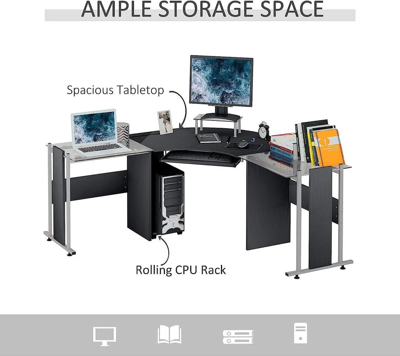 Alt view image 5 of 7 - HOMCOM 69" Modern L-Shaped Tempered Glass Office Computer Desk with Elevated Monitor Stand, Rolling CPU Holder, Pull Out Keyboard Tray and Steel Frame, Black