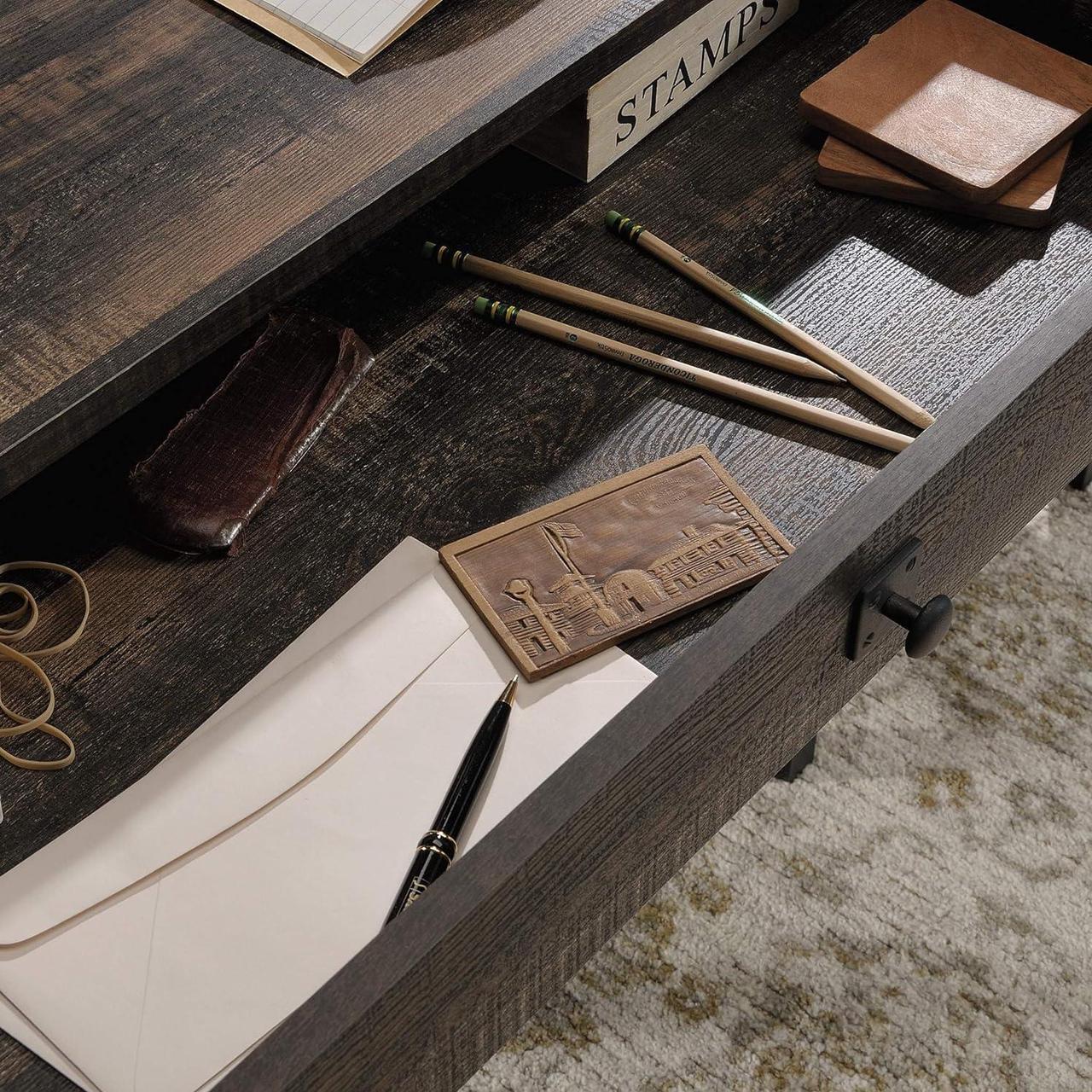 Alt view image 4 of 7 - Sauder Steel River Desk, Industrial Office Desk with Two Drawers and Open Shelf - Carbon Oak Finish