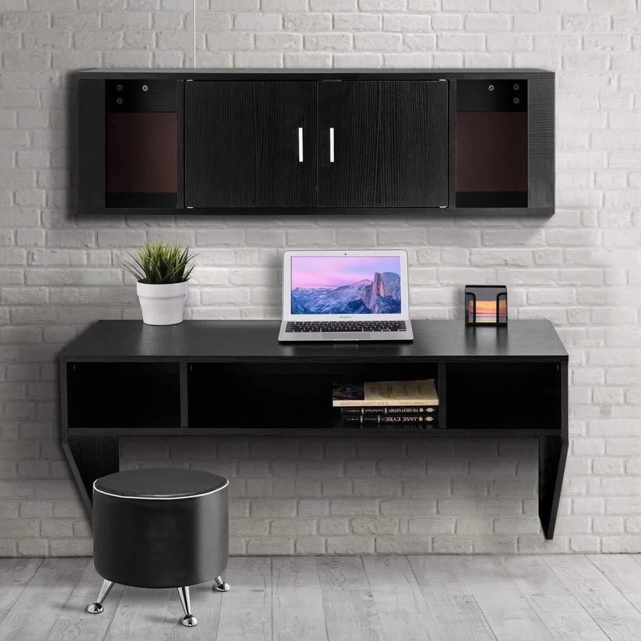 Alt view image 2 of 7 - WATERJOY Wall Mounted Desk Computer Desk Floating Table, Home Office Working Desk, Wall Mounted Console Workstation Laptop PC Table with Storage Shelves Black