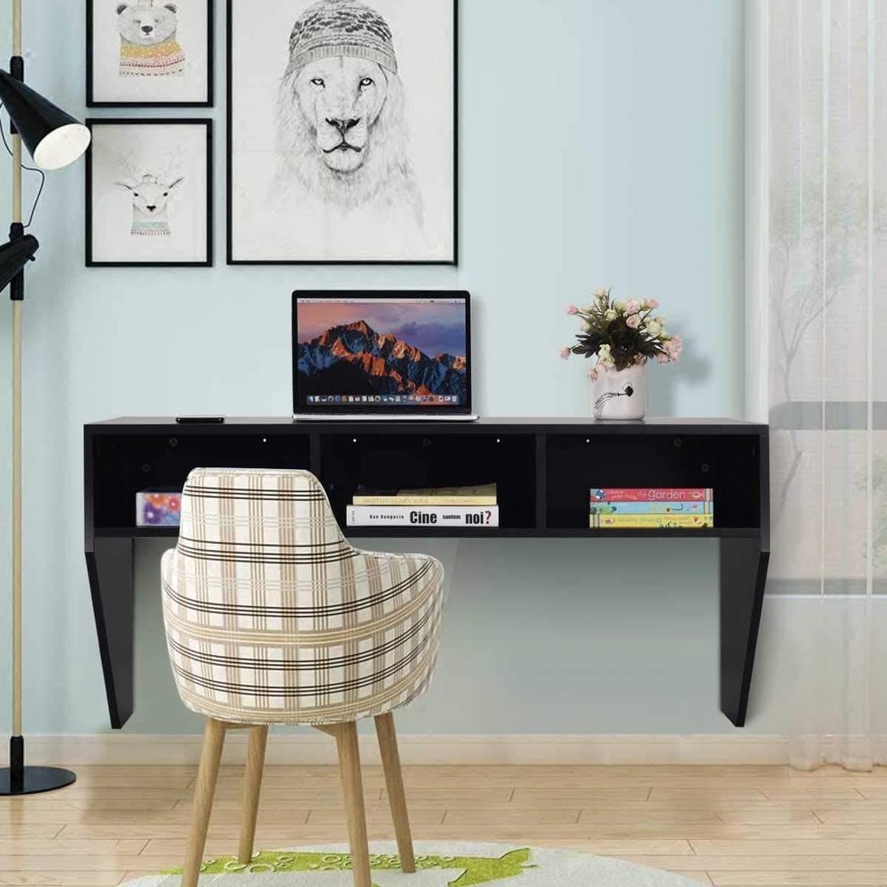 Alt view image 5 of 7 - WATERJOY Wall Mounted Desk Computer Desk Floating Table, Home Office Working Desk, Wall Mounted Console Workstation Laptop PC Table with Storage Shelves Black
