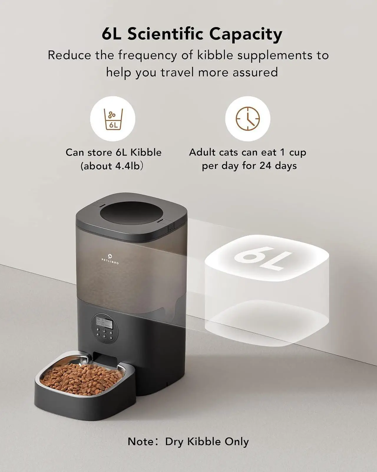 Alt view image 3 of 7 - Automatic Dog Feeder, 6L Dog Food Dispenser with Timer Interactive Voice Recorder, Auto Dog Feeder with Desiccant Bag 1-4 Meals Dry Food, Black Transparent