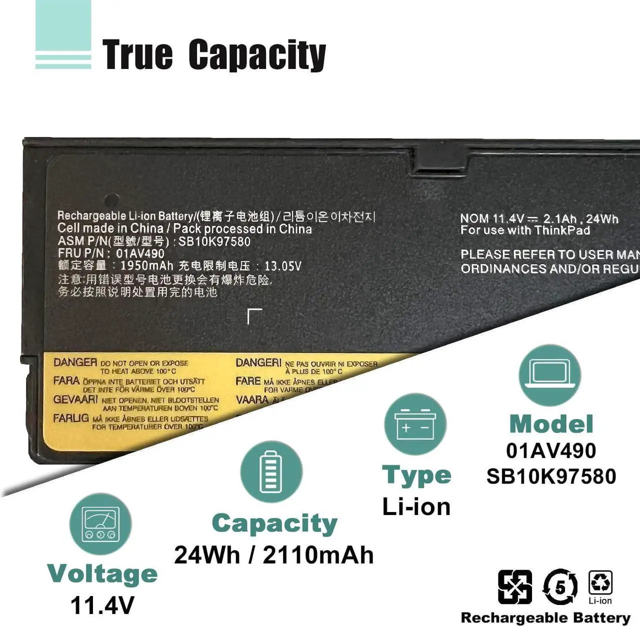 Alt view image 2 of 7 - BOWEIRUI 01AV490 Laptop Battery Replacement for Lenovo ThinkPad T470 T570 T480 T580 A485 A475 P51S P52S TP25 Series SB10K97580 01AV452 SB10K97597 01AV423 01AV422 SB10K97579 01AV424 SB10K97581 24Wh