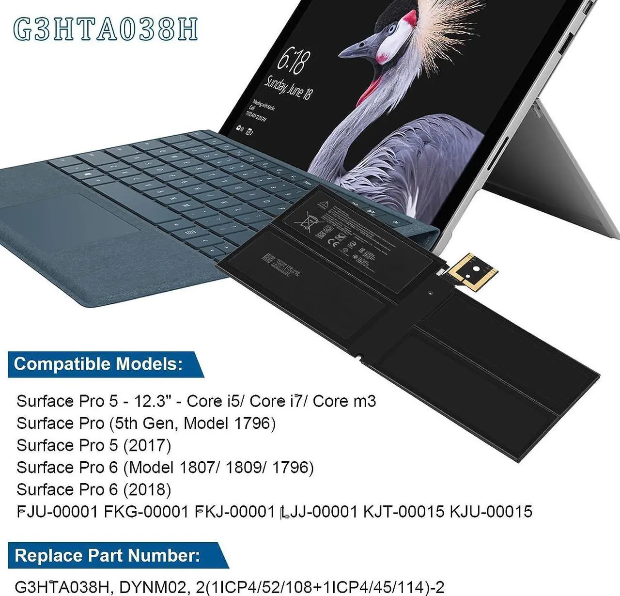 Alt view image 6 of 7 - G3HTA038H DYNM02 Laptop Battery for Microsoft Surface Pro 5th Gen (Model 1796, 2017), Surface Pro 6 (Model 1807/1809/1796, 2018 Tablet Series) 12.3" 2-in-1, Core i5 i7 m3 FJU-00001 FKJ/FKG-00001