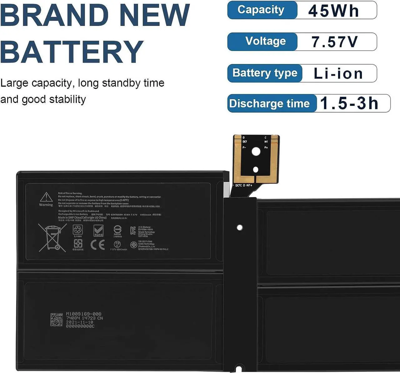 Alt view image 4 of 7 - G3HTA038H DYNM02 Laptop Battery for Microsoft Surface Pro 5th Gen (Model 1796, 2017), Surface Pro 6 (Model 1807/1809/1796, 2018 Tablet Series) 12.3" 2-in-1, Core i5 i7 m3 FJU-00001 FKJ/FKG-00001