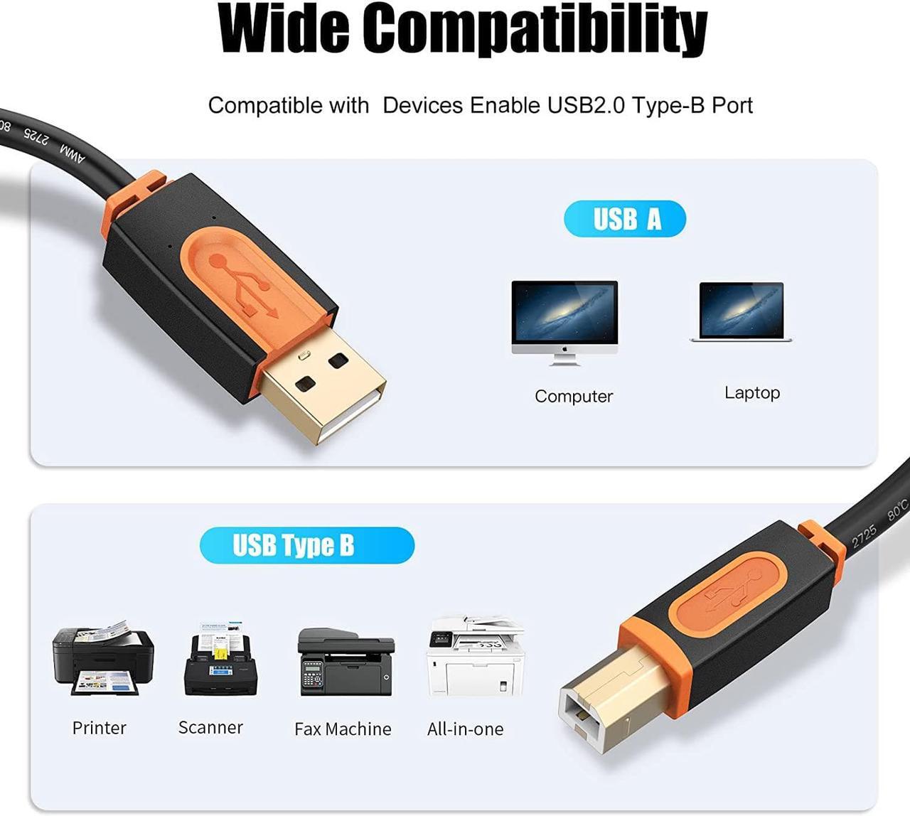Alt view image 5 of 6 - Printer Cable 20 feet USB Printer Cable USB 2.0 Type A Male to Type B Male Printer Scanner Cable Compatible with HP Canon Epson Dell Xerox Samsung etc